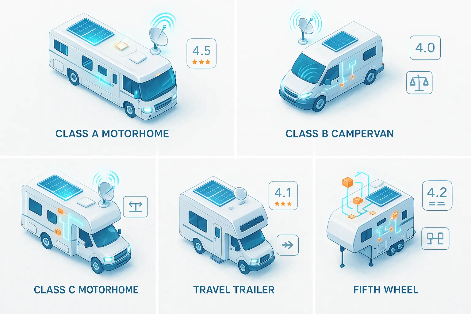 Comprehensive comparison of RV categories showing Class A Motorhome, Class B Campervan, Class C Motorhome, Travel Trailer, and Fifth Wheel with technology ratings and features