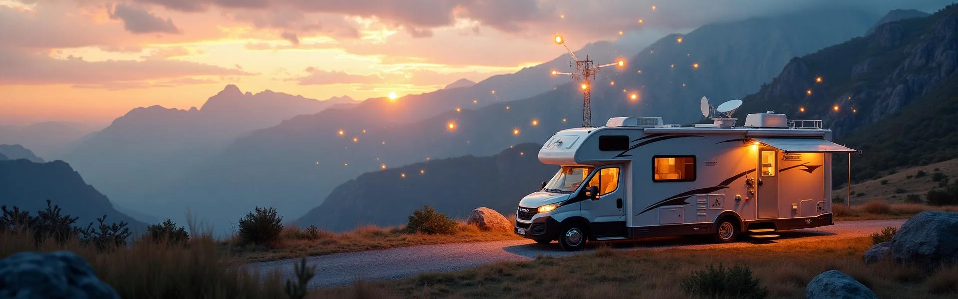 Modern RV with advanced connectivity technology including satellite dishes and antennas in mountain landscape