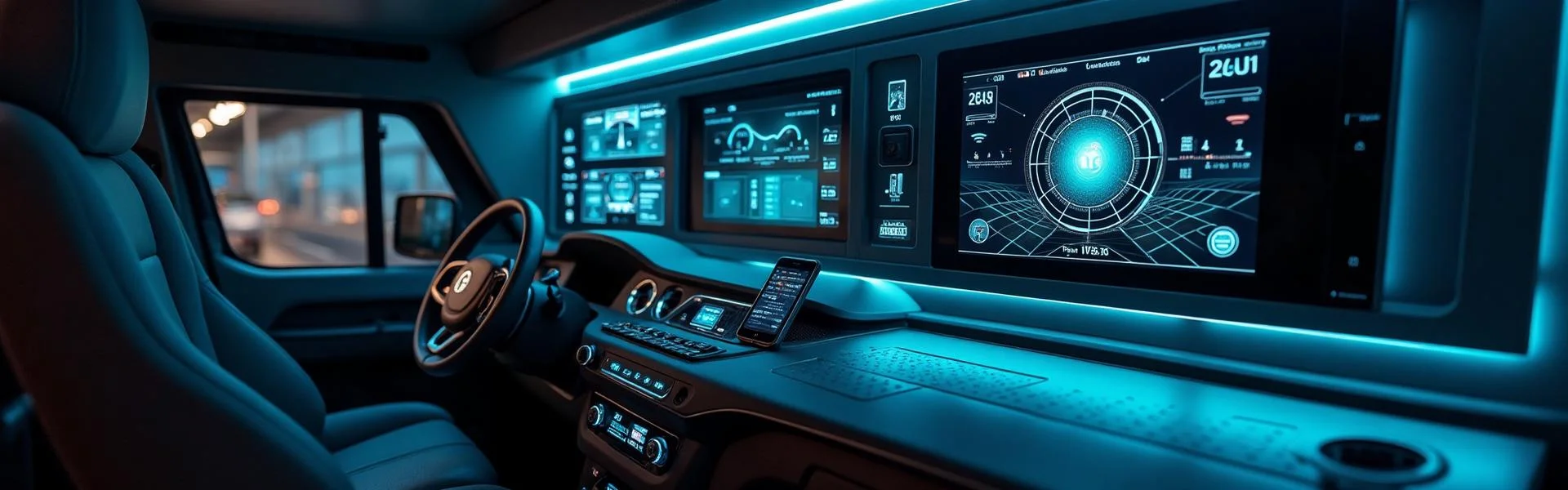 Modern RV interior with advanced control and monitoring systems featuring digital displays and smart interfaces