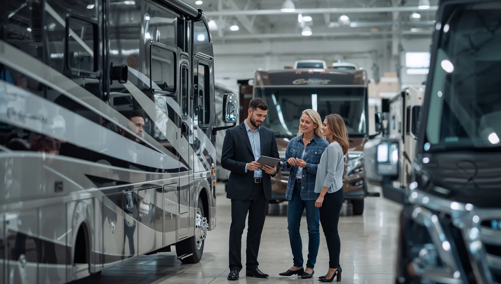 Professional RV dealer consultation showing customers examining RVs in a modern showroom
