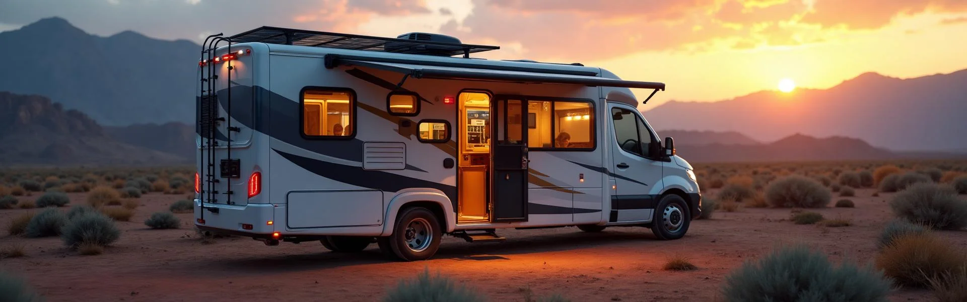 Modern RV with advanced power management technology including solar panels and battery systems in desert landscape