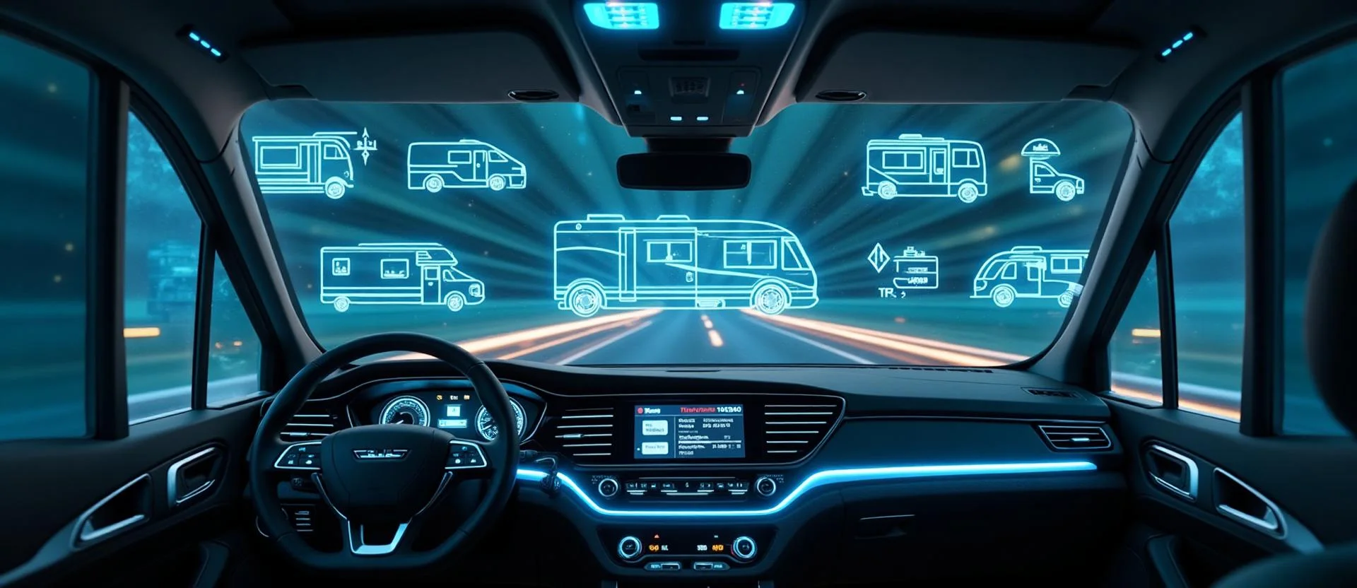 Futuristic holographic dashboard displaying RV technology comparison data with floating interfaces and digital specifications