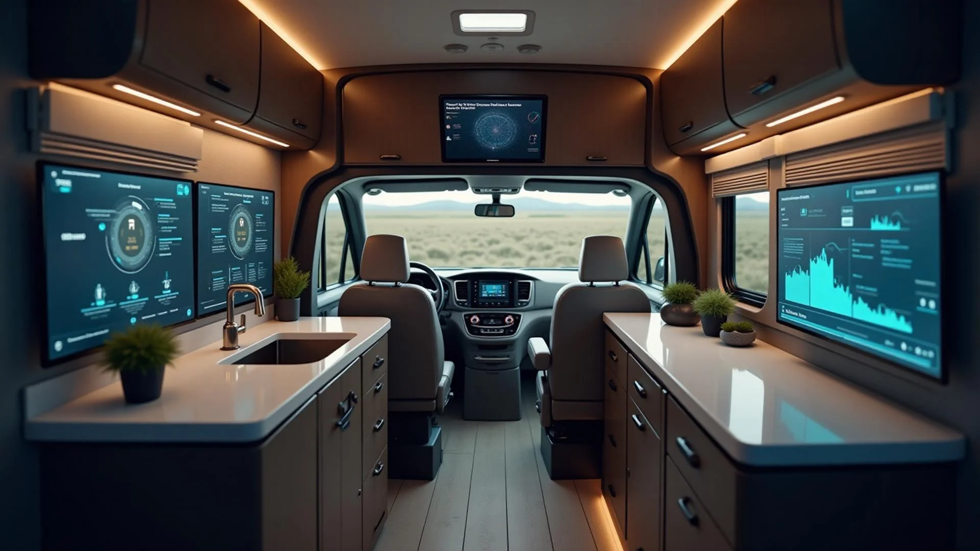 Modern RV interior with advanced technology dashboard and smart control systems