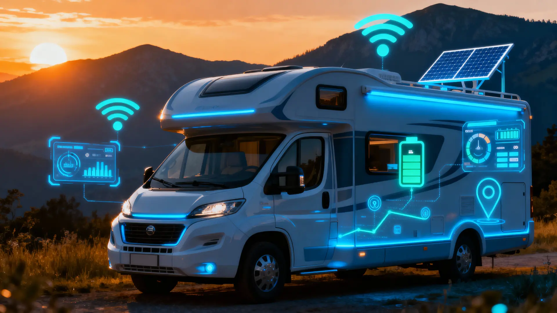 Smart RV with technology overlay at sunset