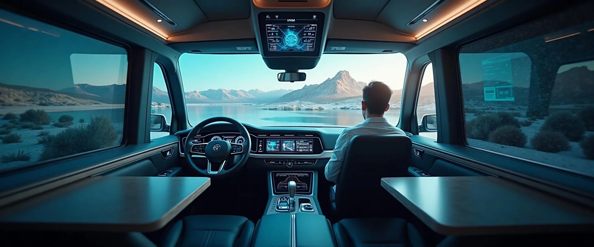 Modern RV cockpit with advanced technology dashboard overlooking scenic mountain landscape, representing technology tradeoffs in RV decision-making