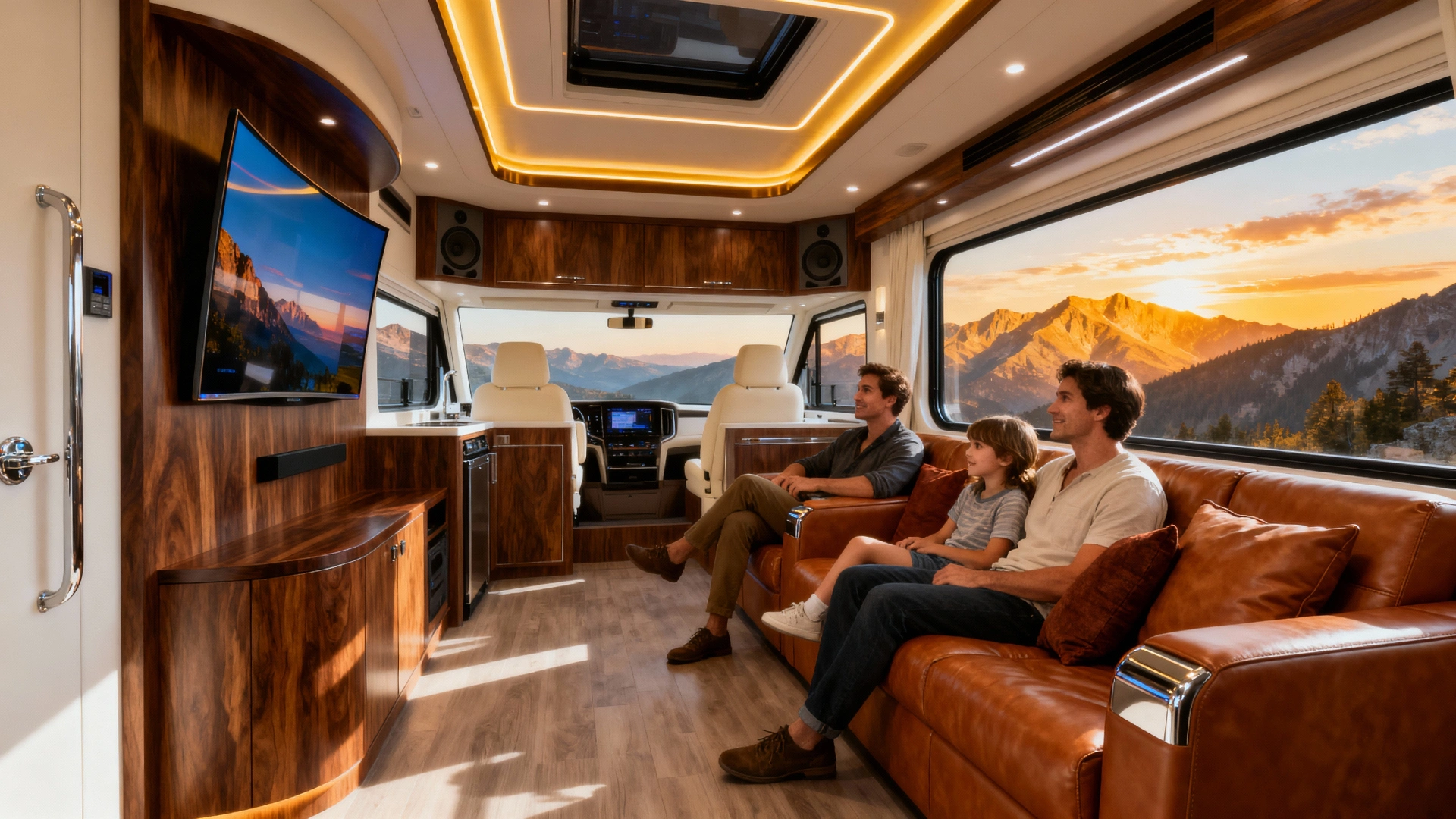 Luxury RV interior with premium entertainment system featuring multiple screens, comfortable seating, and panoramic views