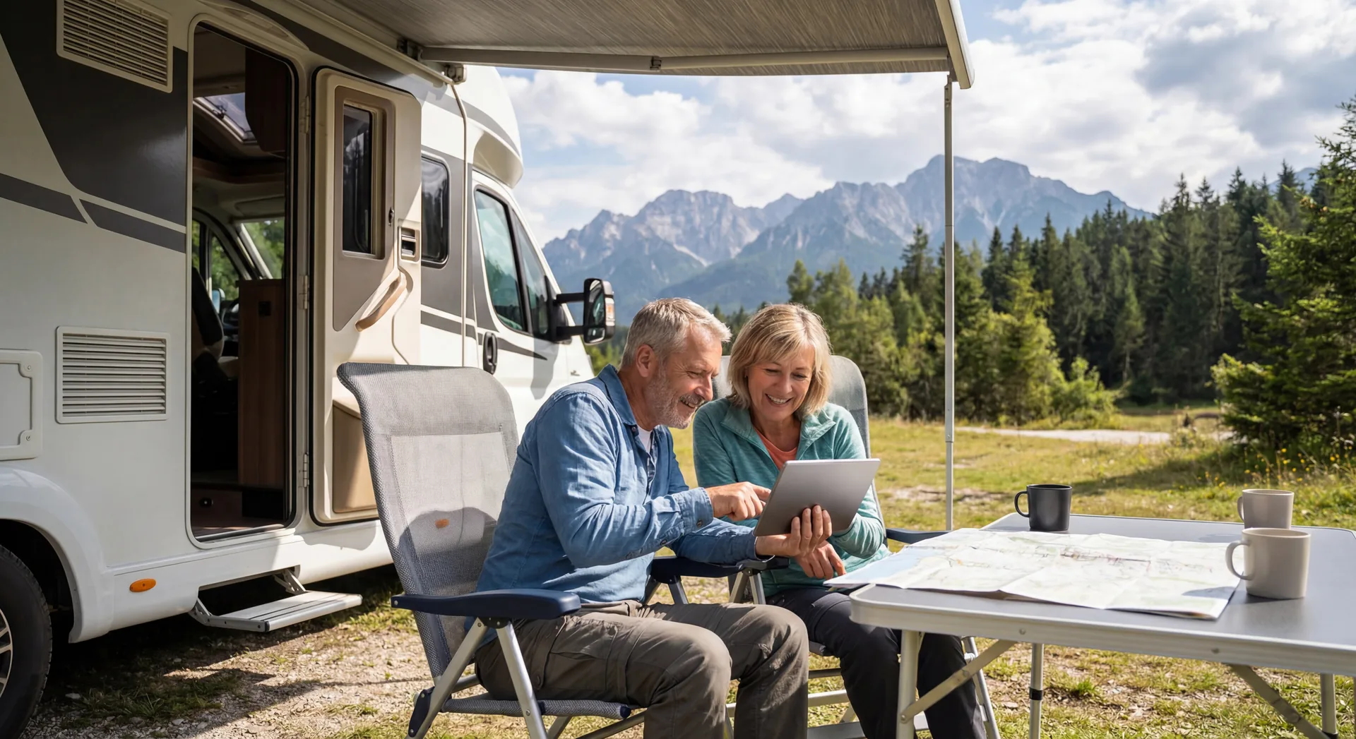 Couple using tablet to search for campgrounds outside their RV