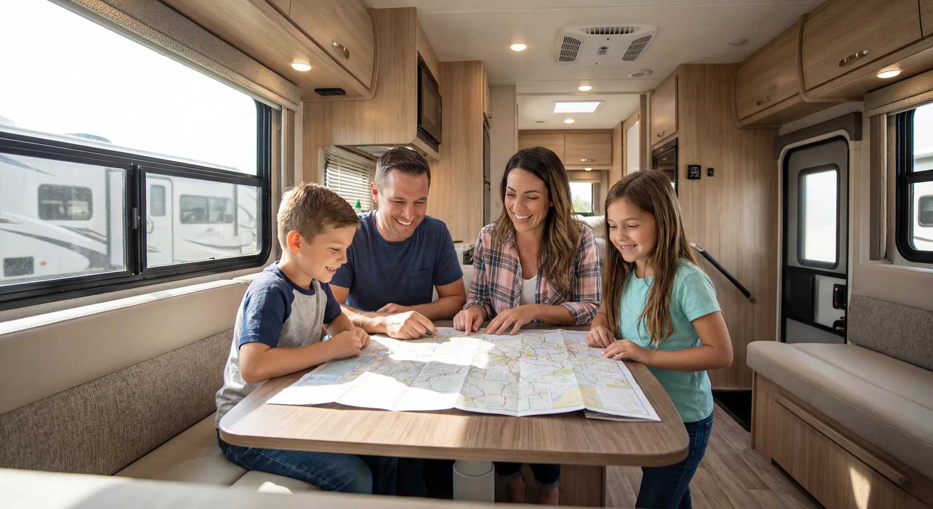Happy family reviewing a map inside a modern RV with natural light