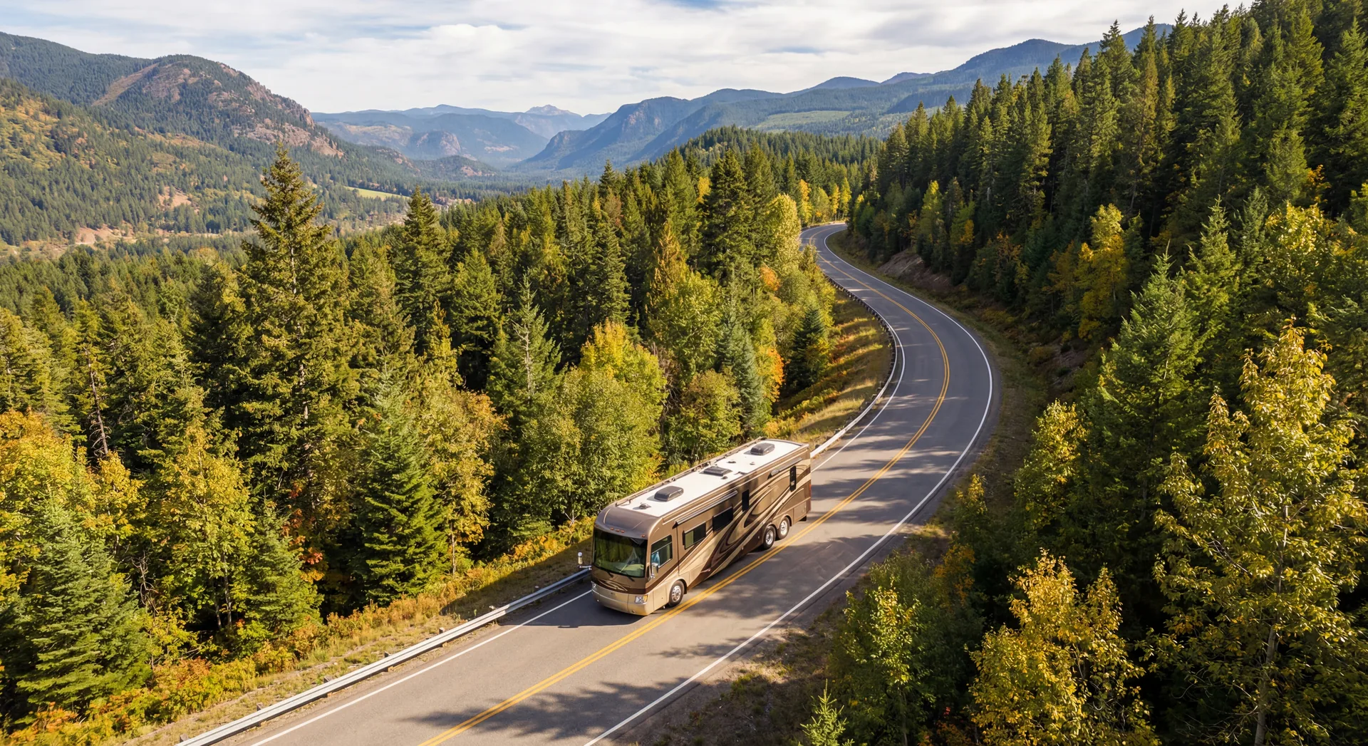 Aerial view of RV driving on winding mountain highway