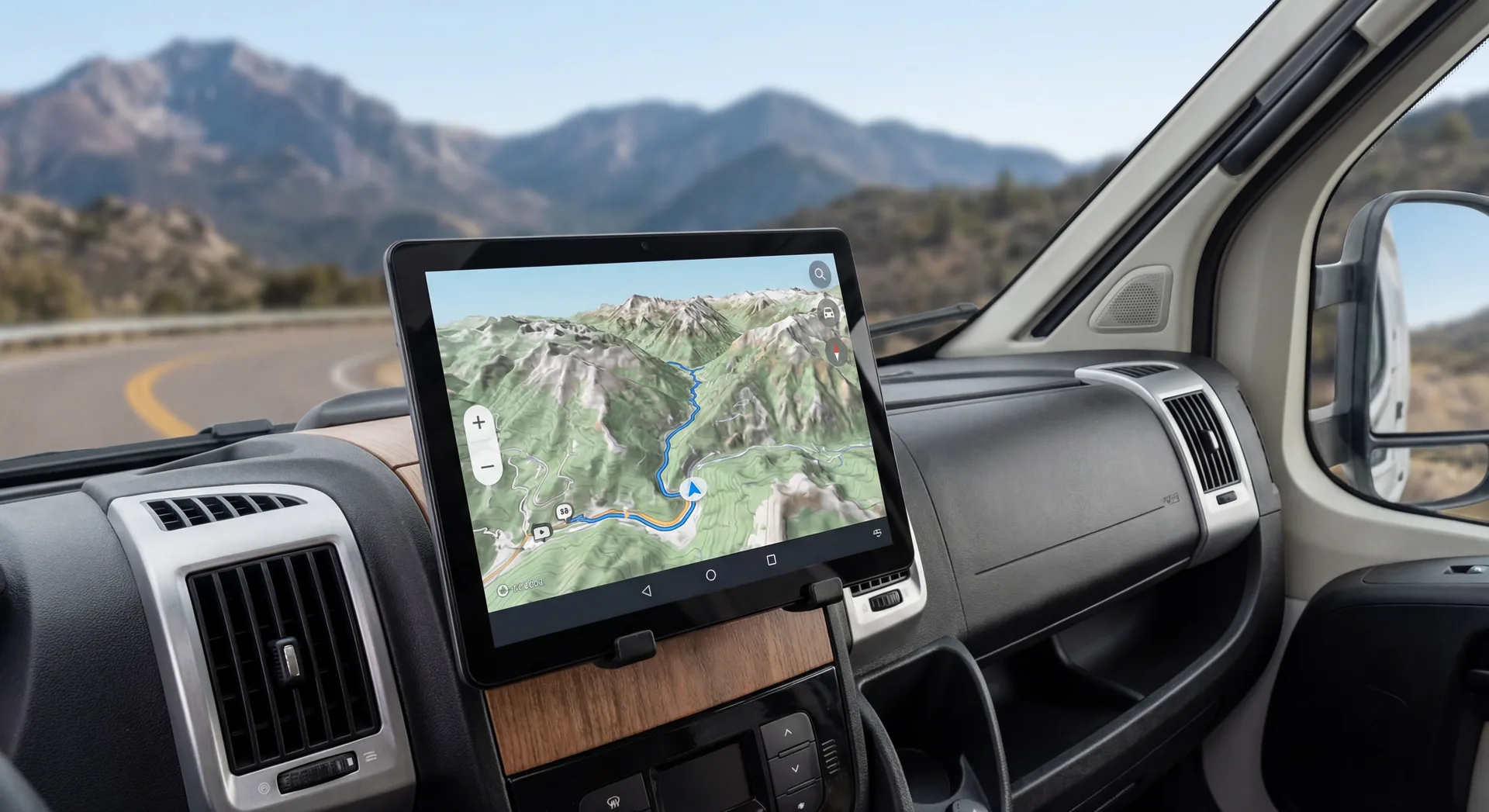 Modern GPS navigation unit mounted on RV dashboard showing map route through mountains