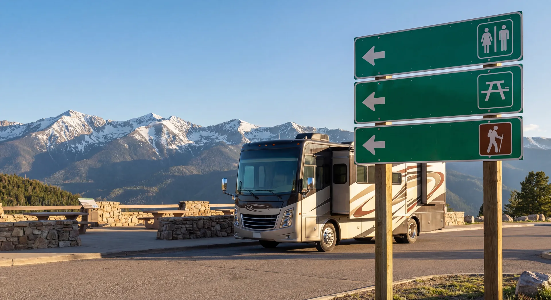 RV at a highway rest stop with directional signs and beautiful landscape