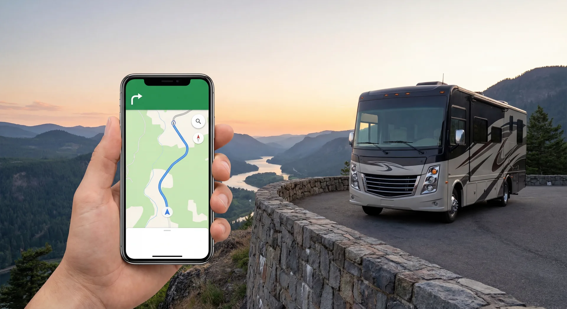 Smartphone showing RV navigation app with RV parked in scenic location