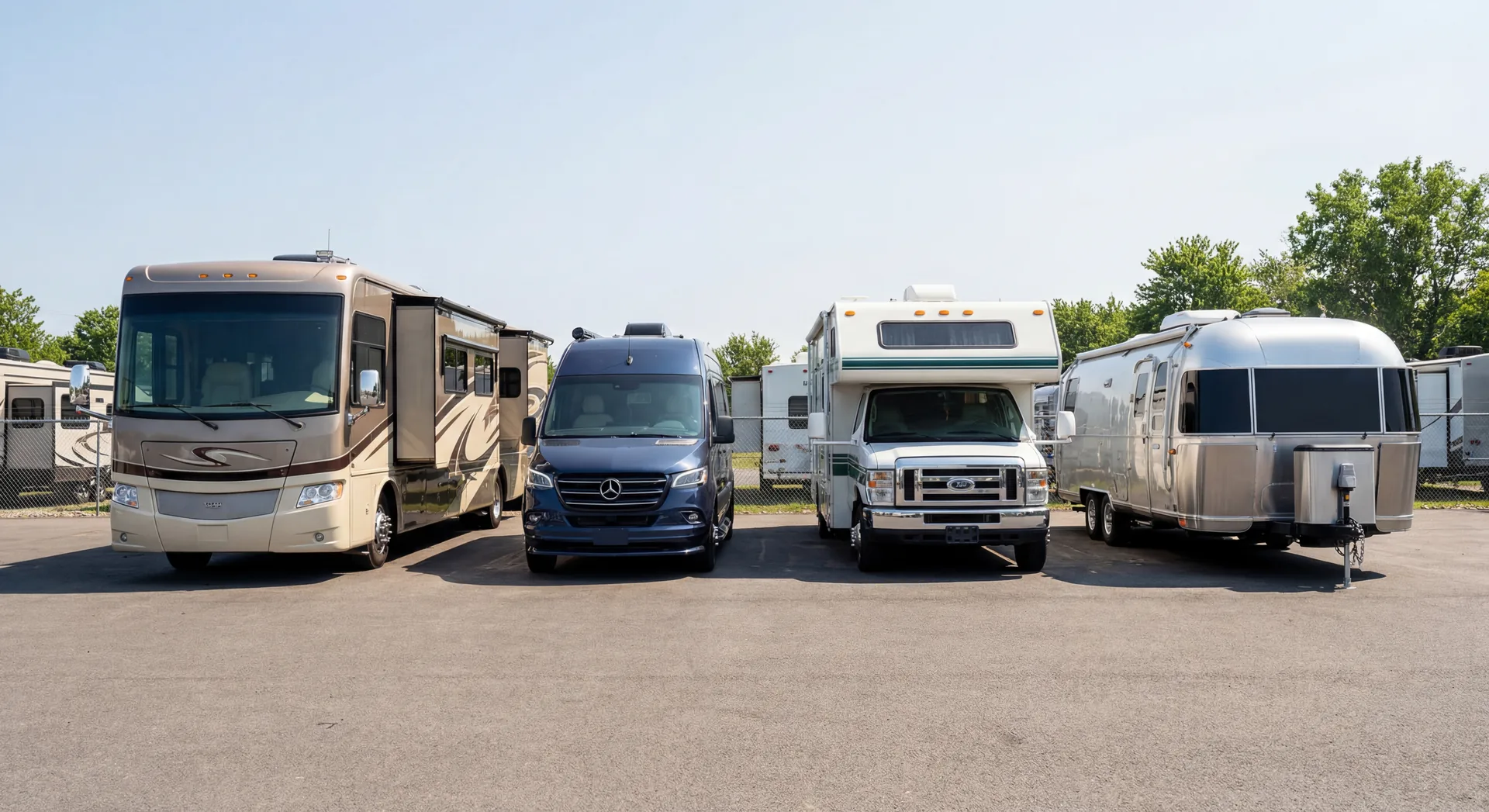 A Class A motorhome, a camper van, a Class C motorhome and an Airstream travel trailer parked side by side
