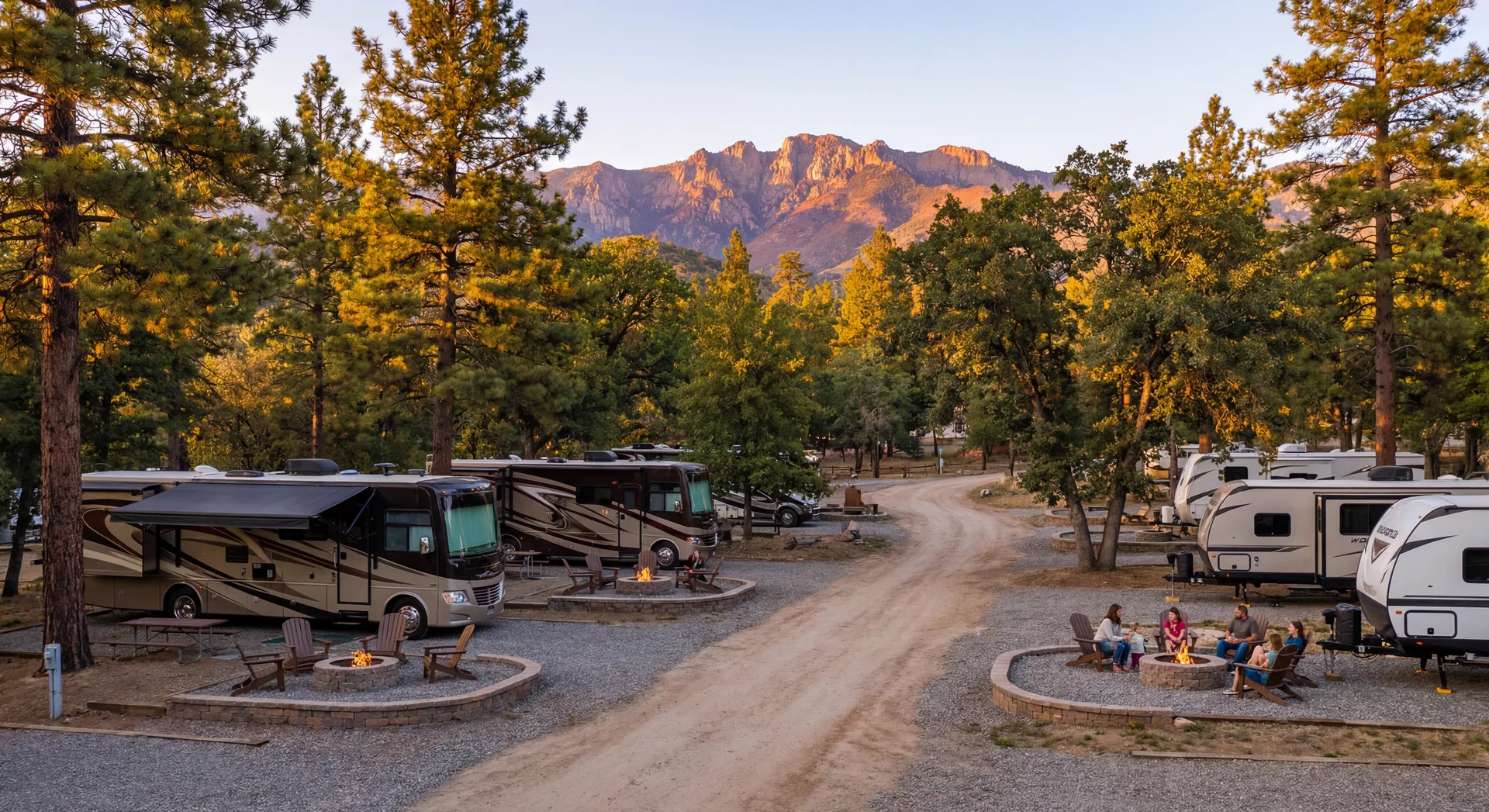 Beautiful RV campground with multiple sites and mountain backdrop at golden hour