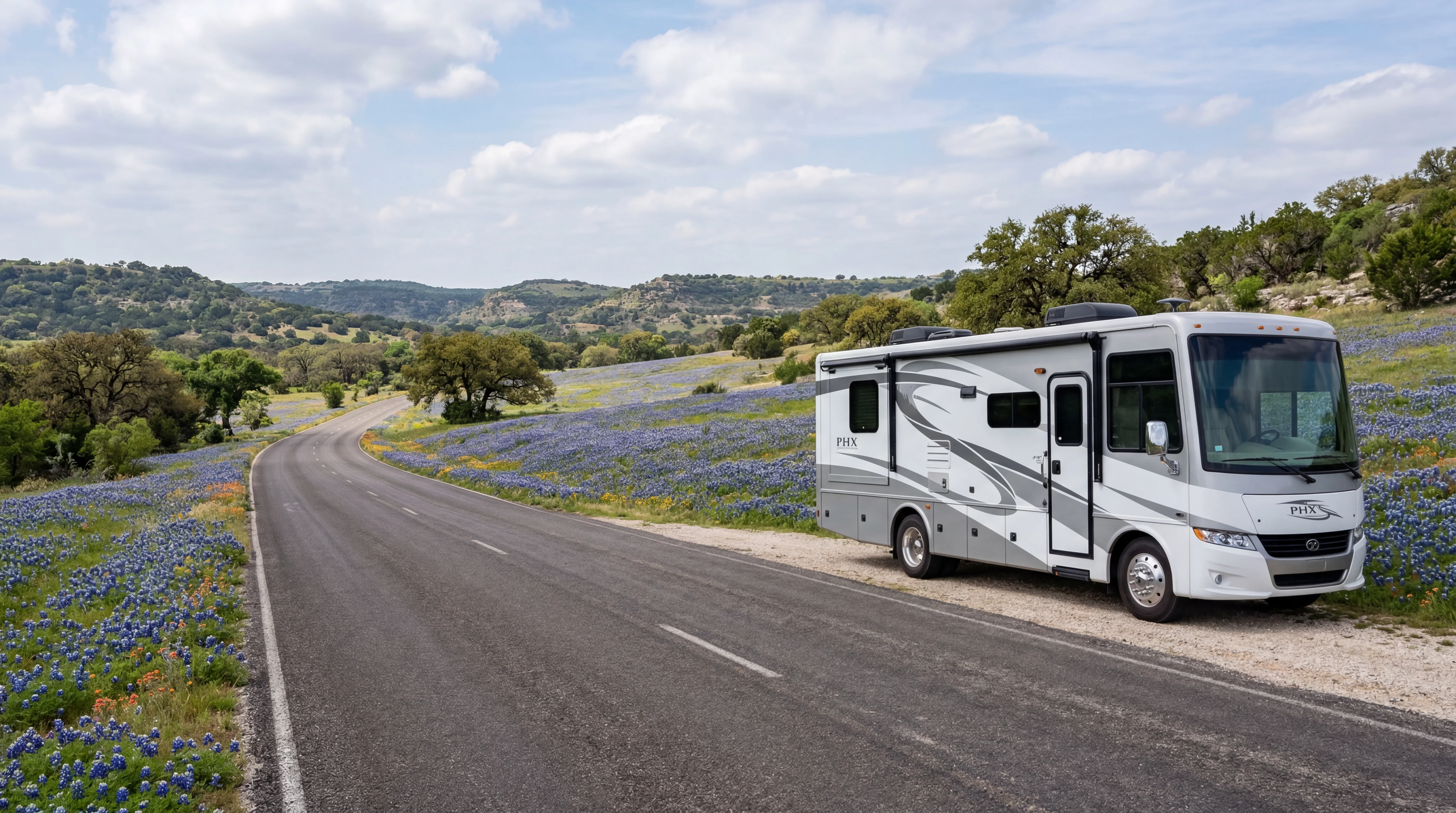 RV parked alongside Texas road with field of bluebonnet wildflowers in spring Hill Country