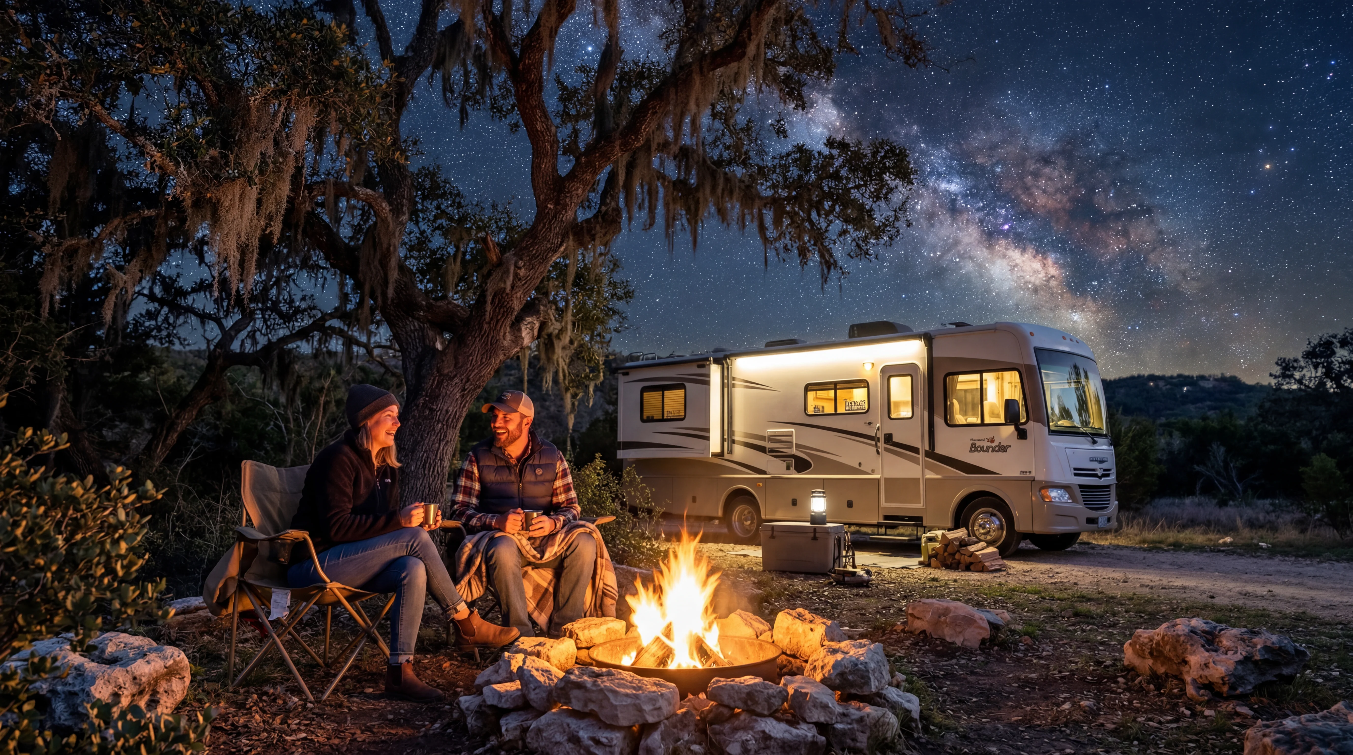 Couple at campfire next to RV at Texas Hill Country campsite under starry sky