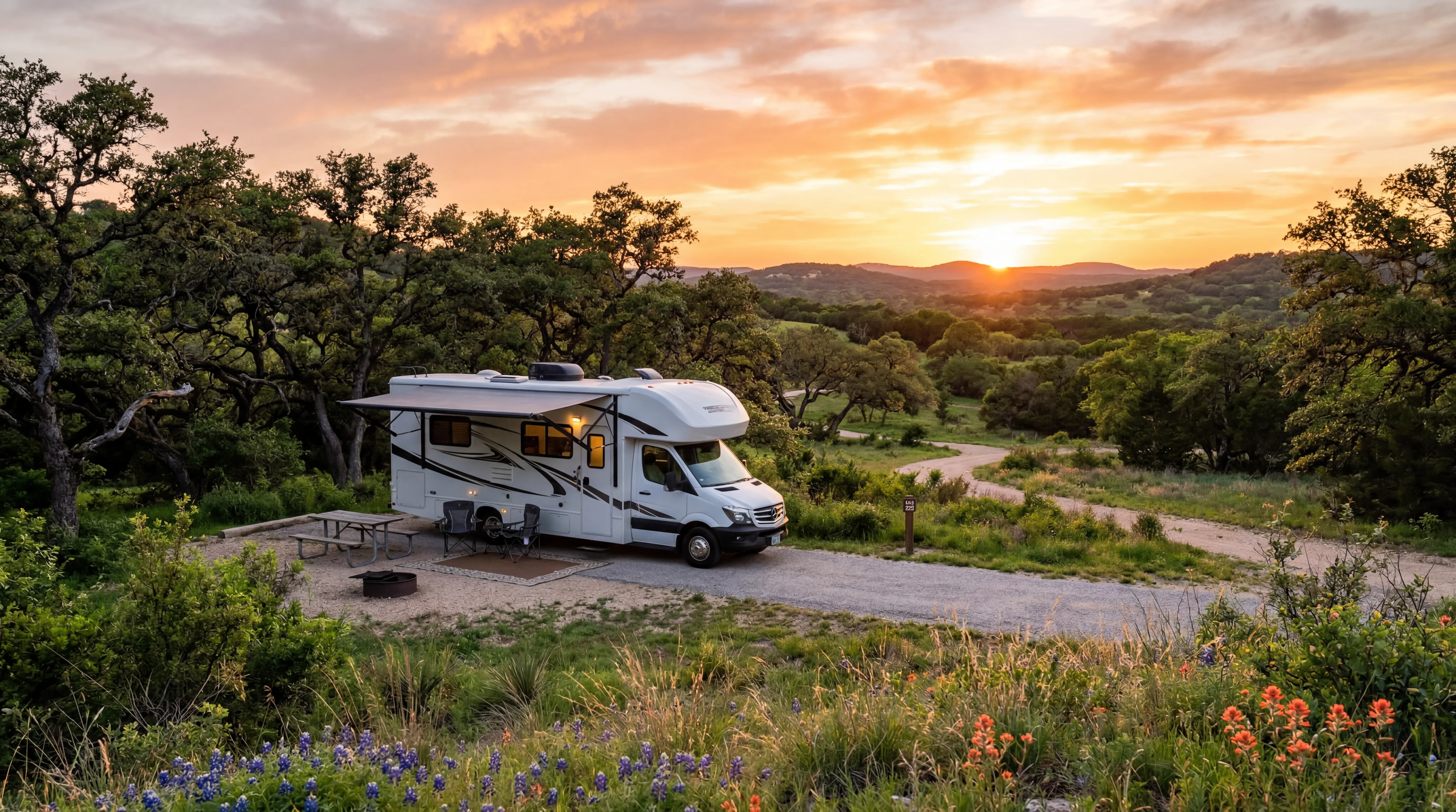 Modern RV at a scenic Texas Hill Country campsite with oak trees at sunset