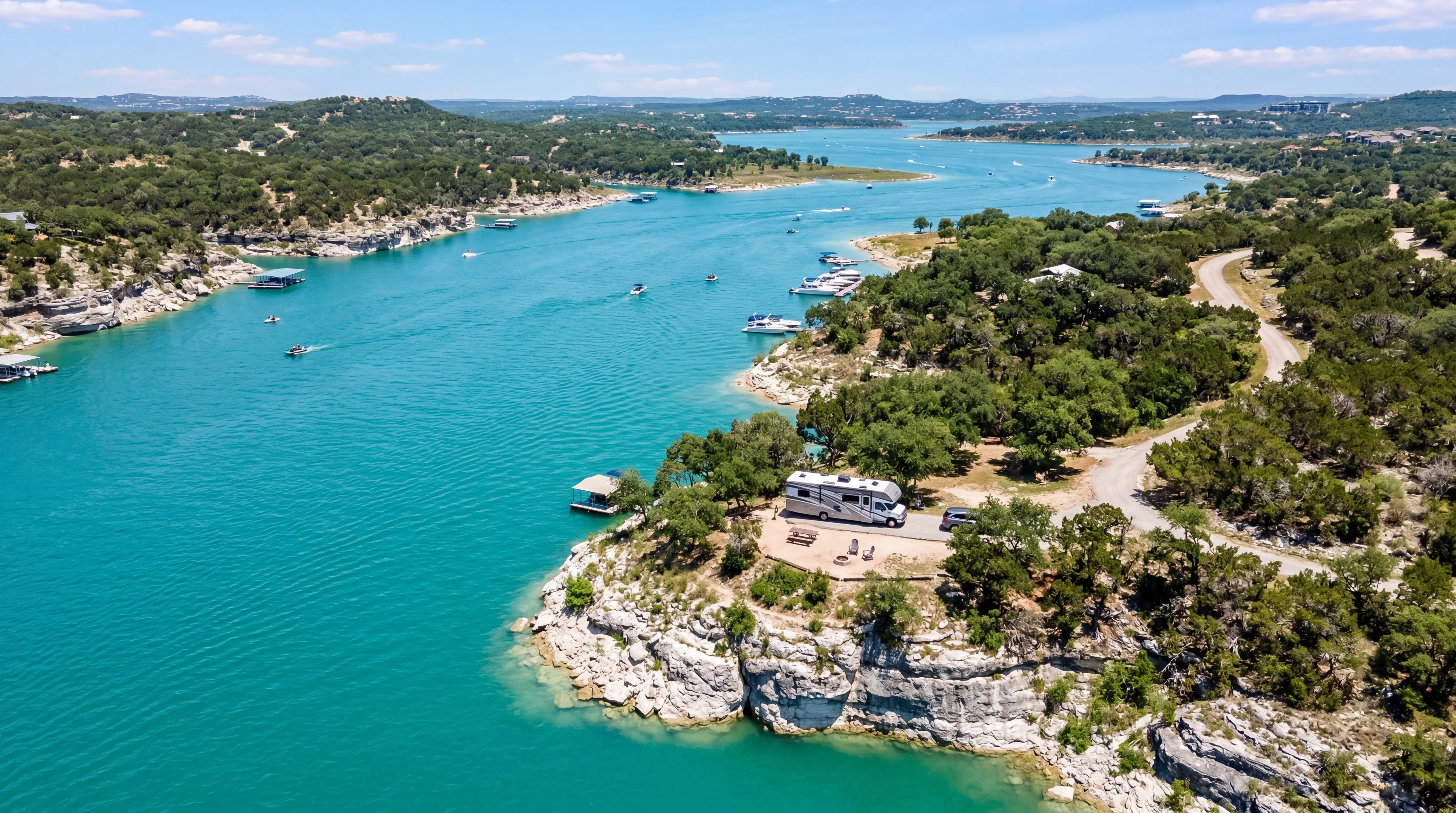 Aerial view of Lake Travis Texas with turquoise water and RV at lakeside campsite