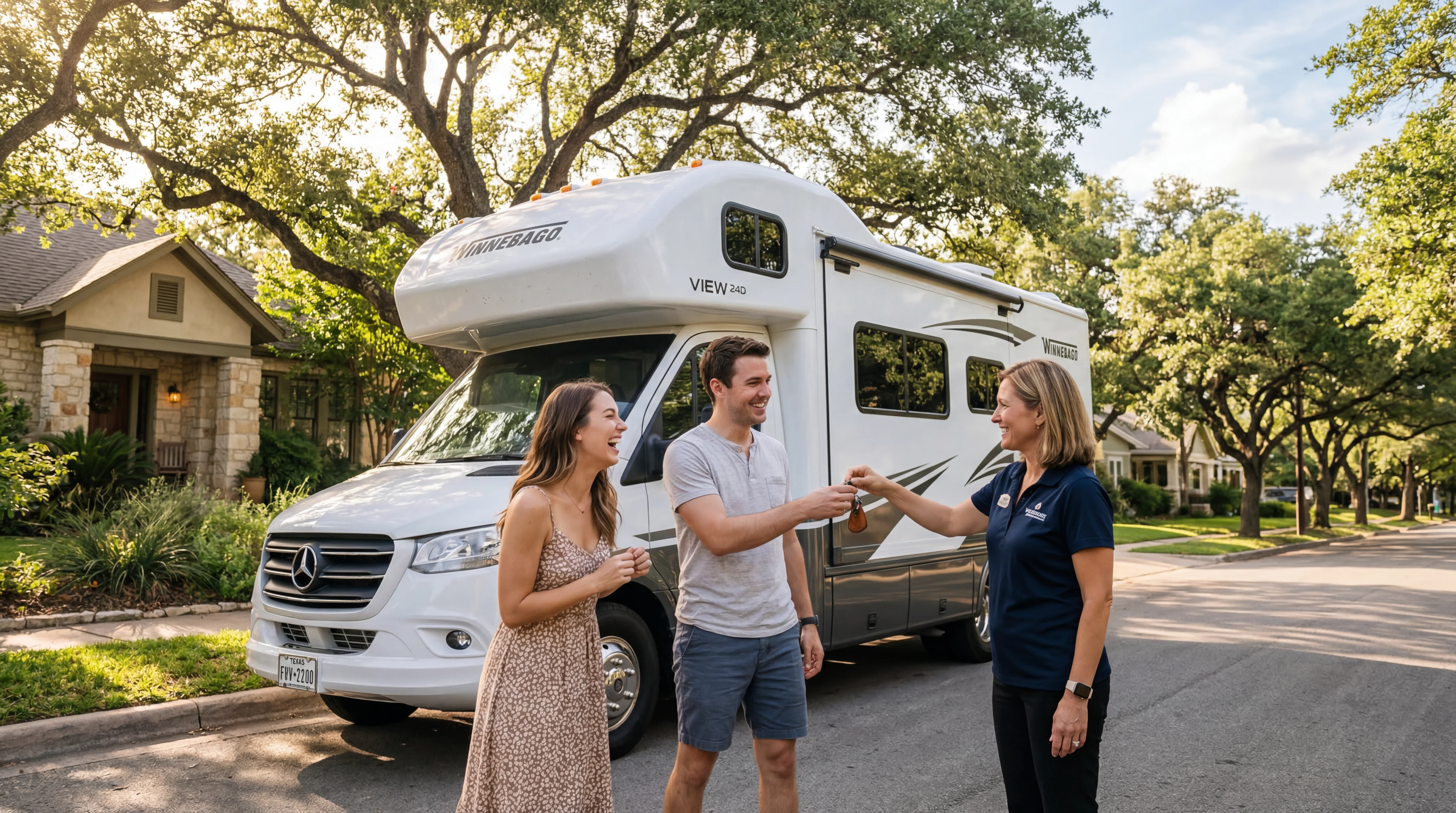 Couple receiving RV rental keys in an Austin Texas neighborhood with live oak trees