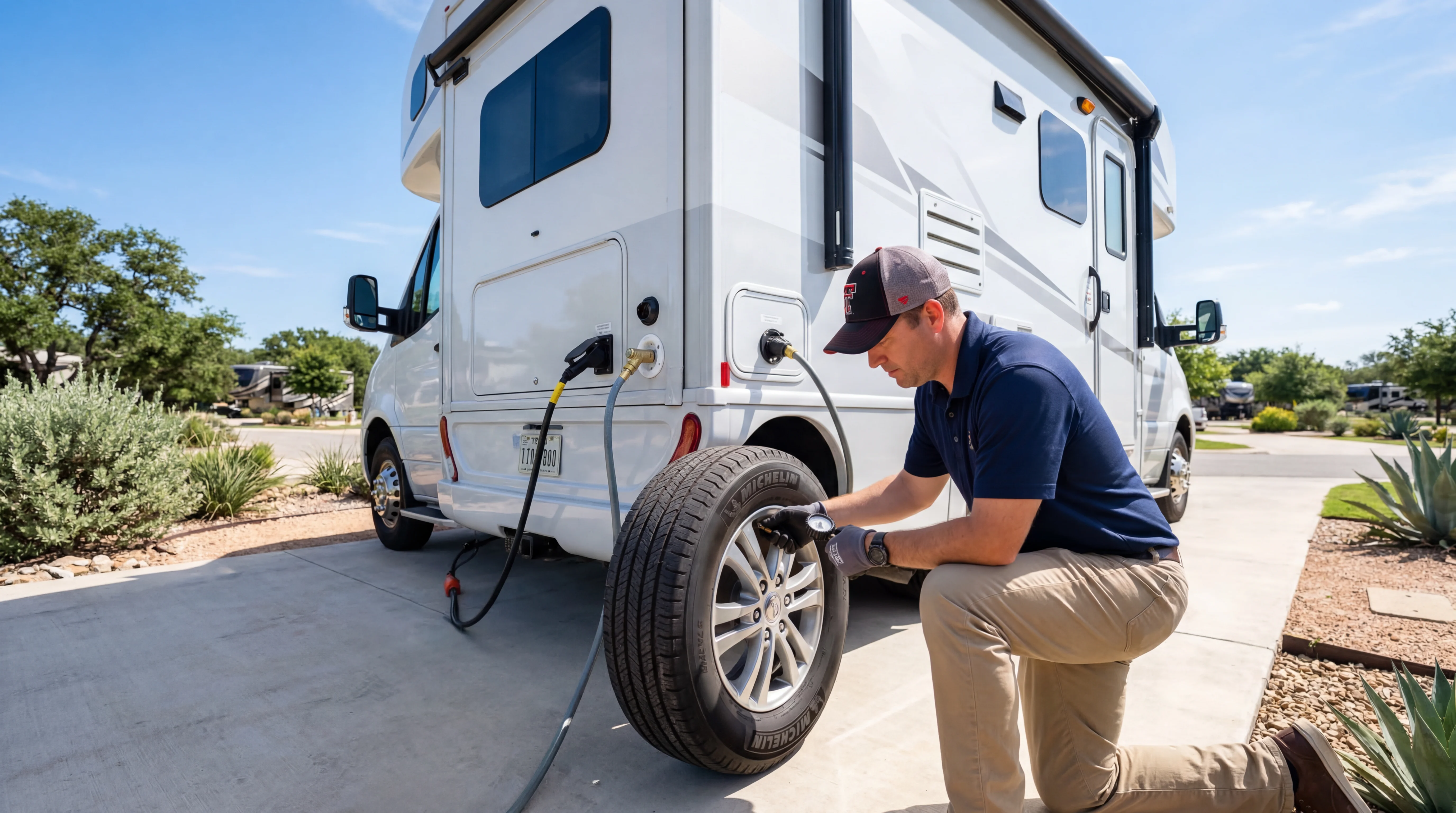 Person inspecting a modern RV exterior in bright Texas sunshine