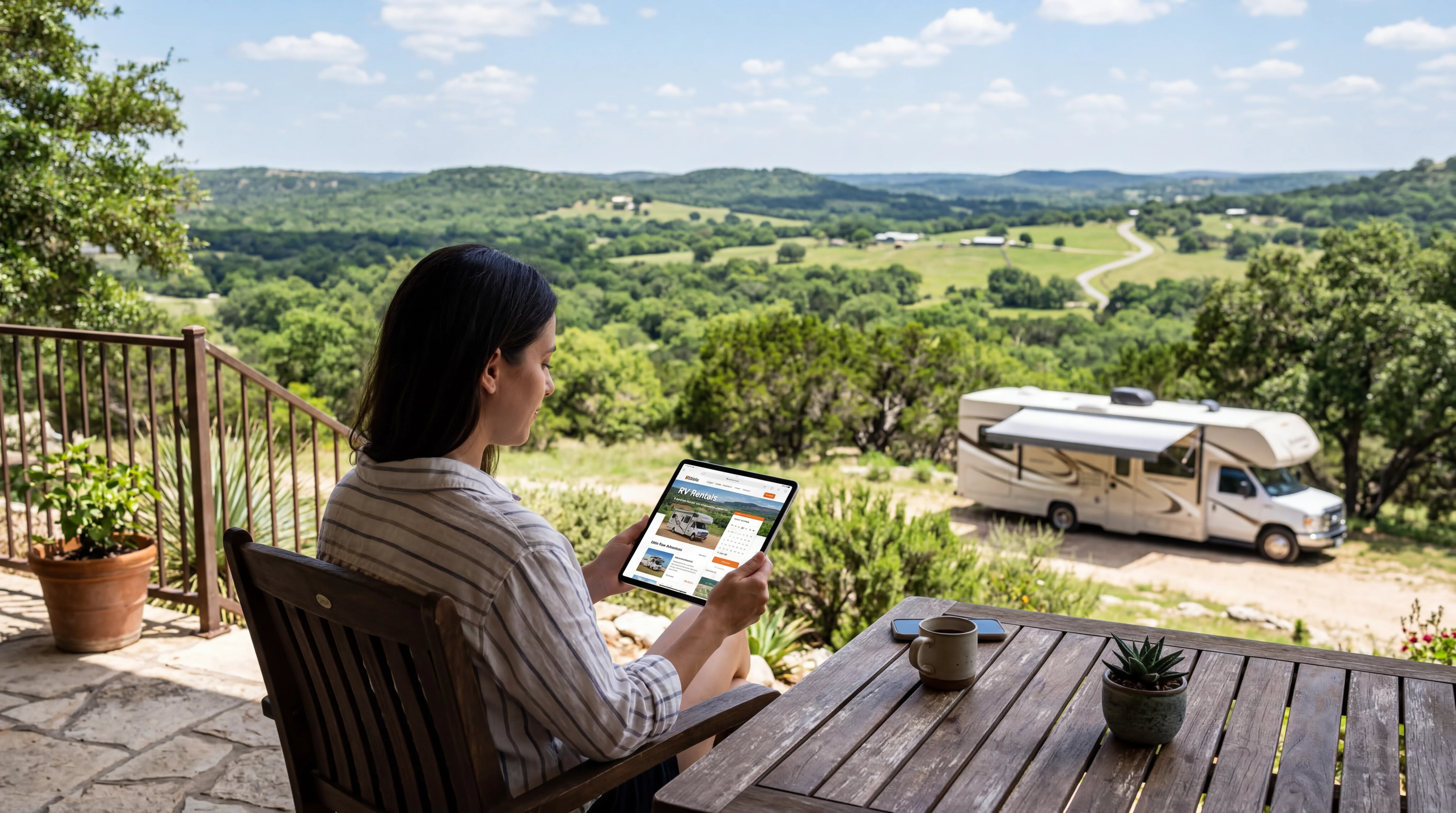 Person browsing RV rental options on a tablet with Texas Hill Country landscape visible