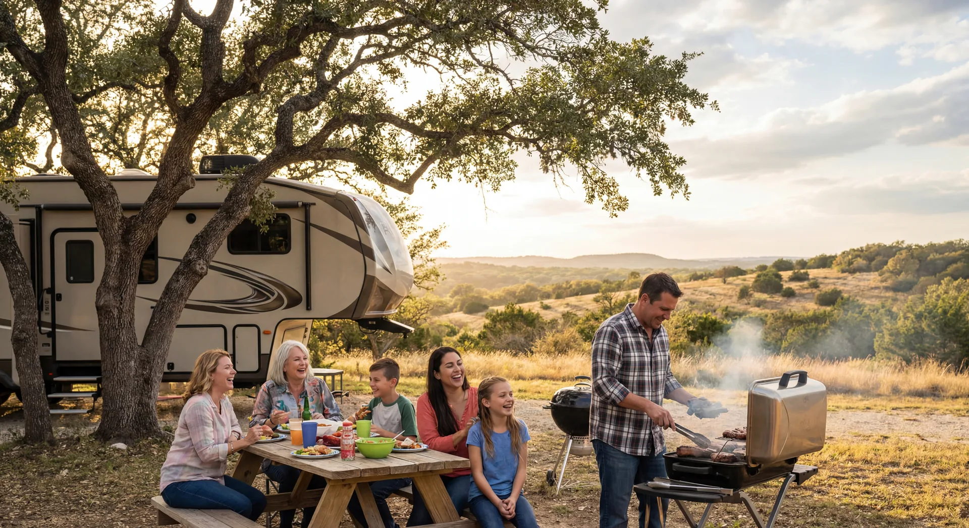 Family grilling BBQ at an RV campground in Texas Hill Country with oak trees