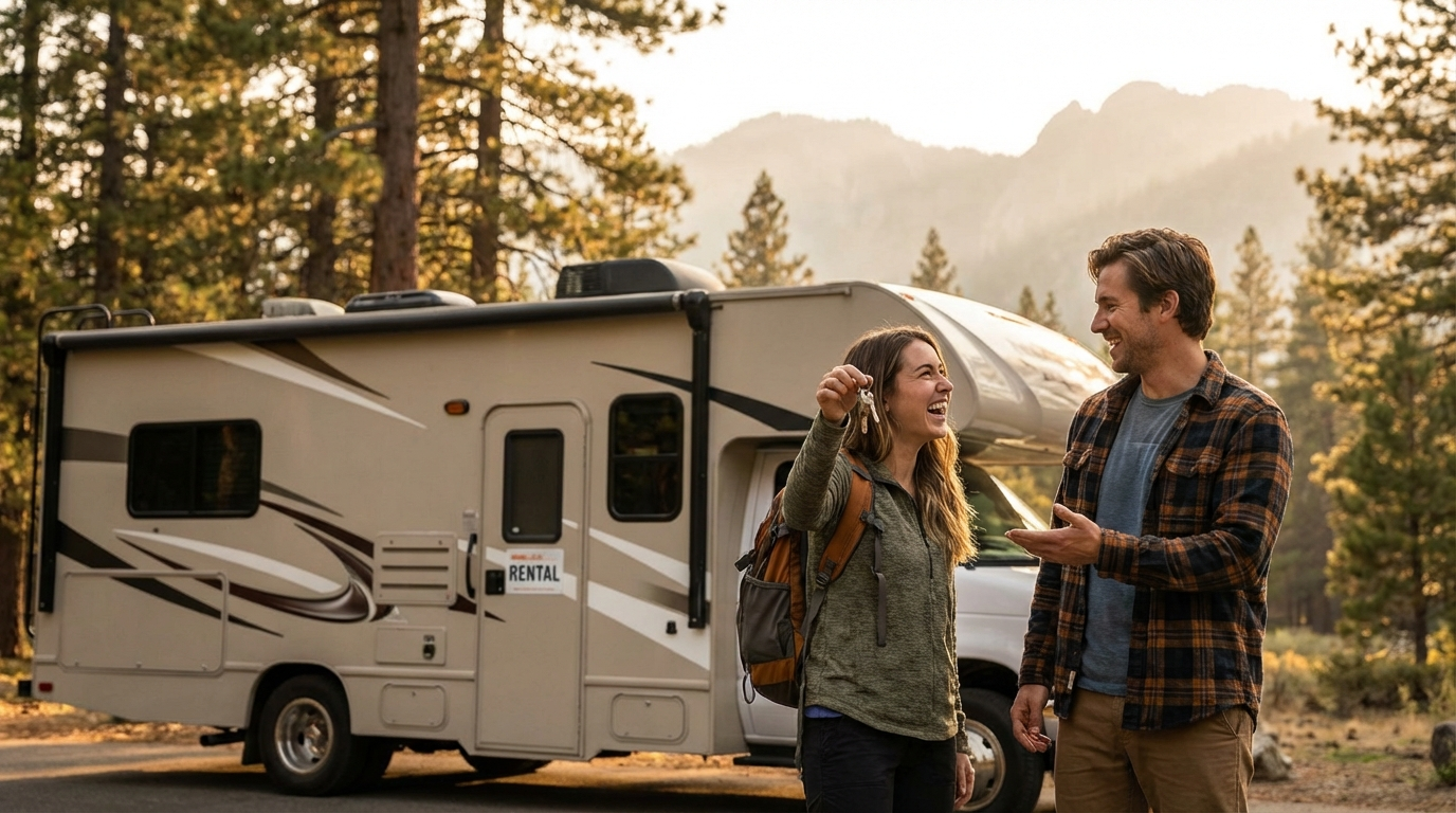 Excited couple holding keys to their rented RV at scenic campground