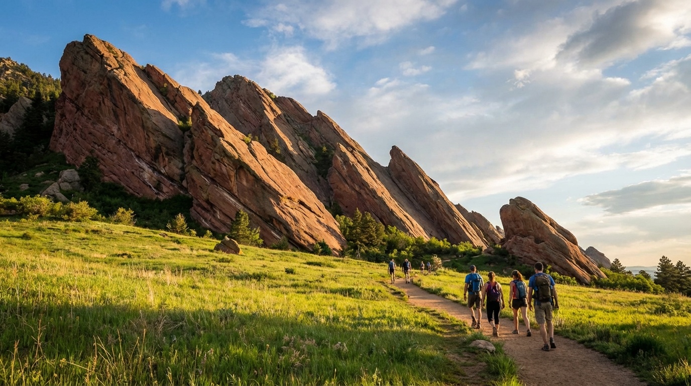 Boulder Flatirons iconic rock formations rising from green meadow at Chautauqua Park