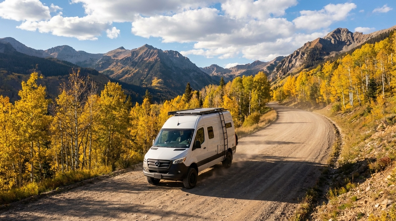 Modern camper van driving on scenic mountain road in Colorado Rocky Mountains