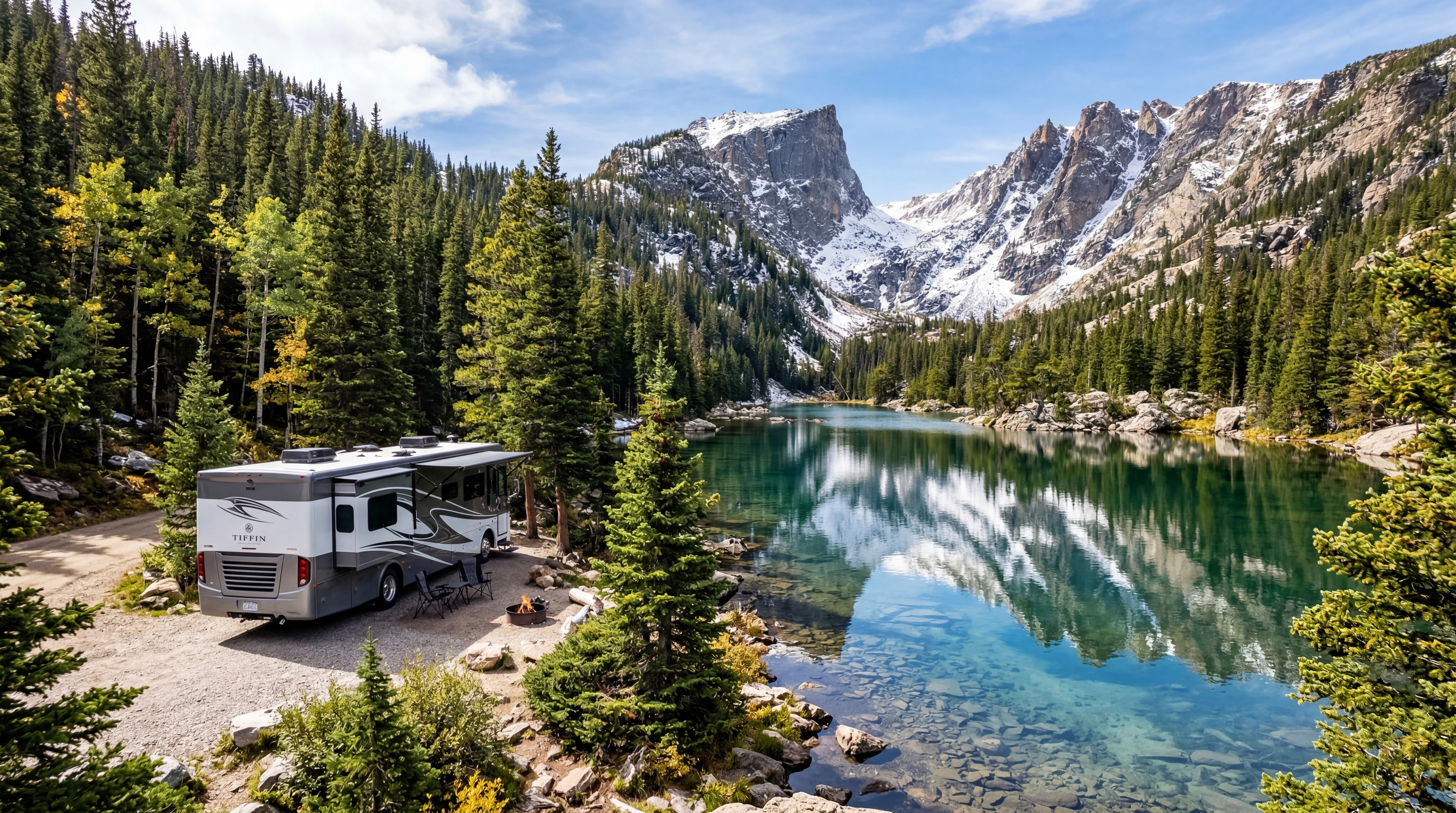 RV parked beside crystal clear alpine lake in Colorado Rocky Mountains with pine trees