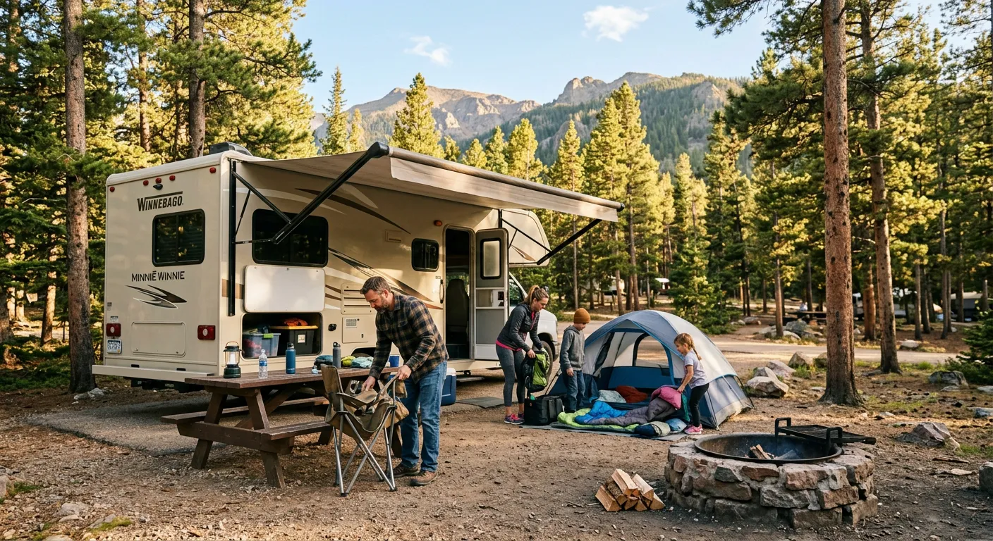 Family setting up camp at a Colorado mountain campground with Class C motorhome and pine trees