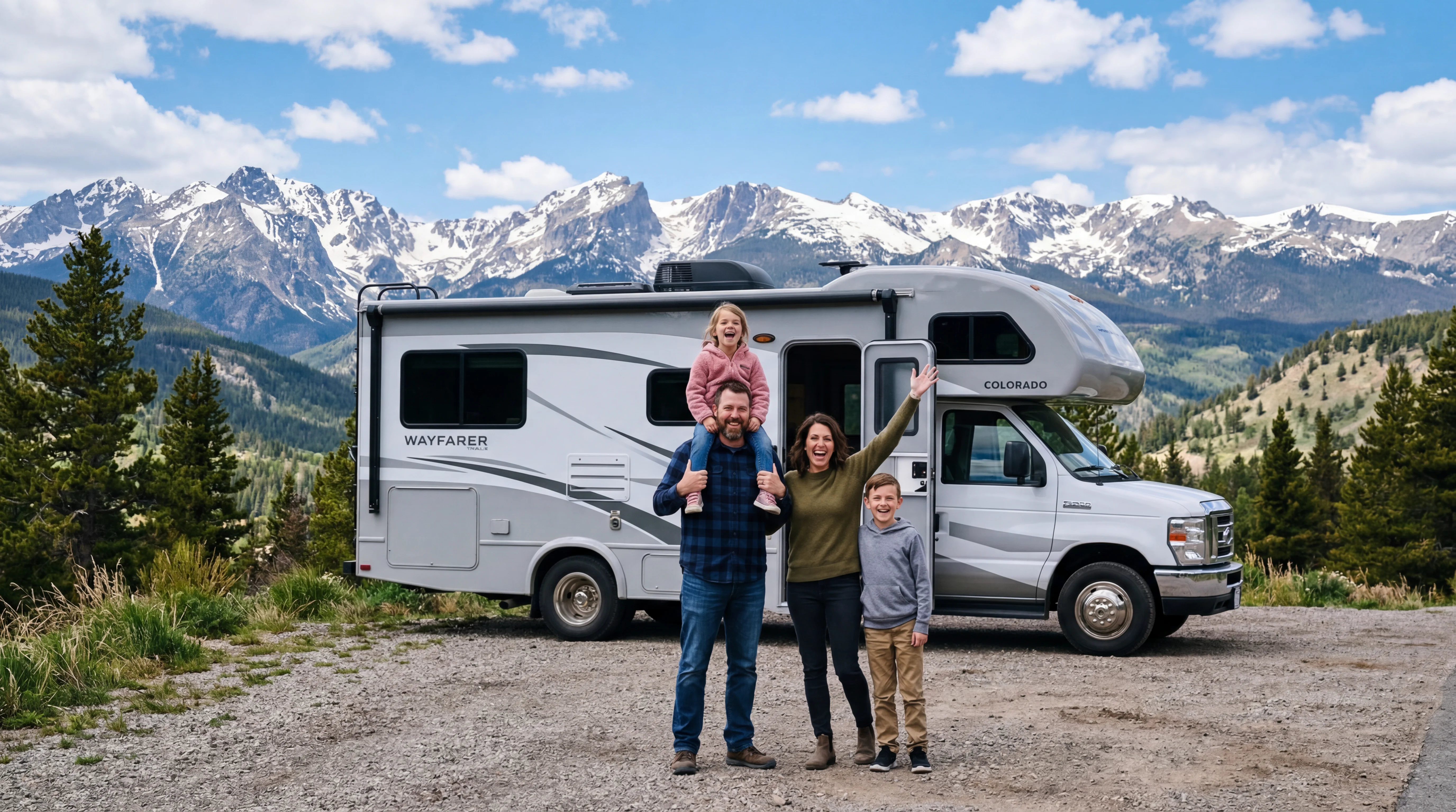 Excited family in front of a modern motorhome with Colorado Rocky Mountains