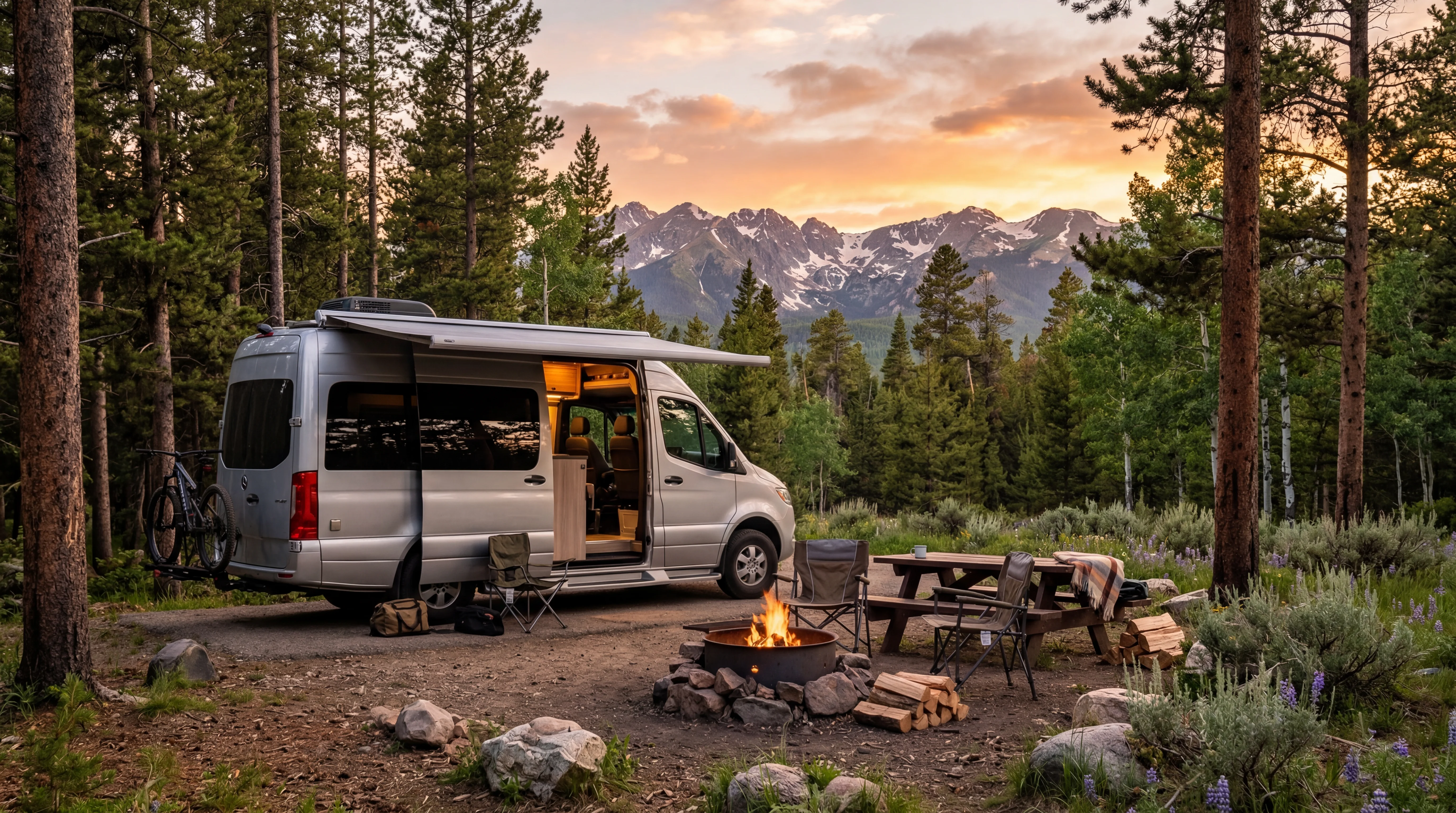 Modern RV at a scenic Colorado mountain campsite with pine forest at sunset