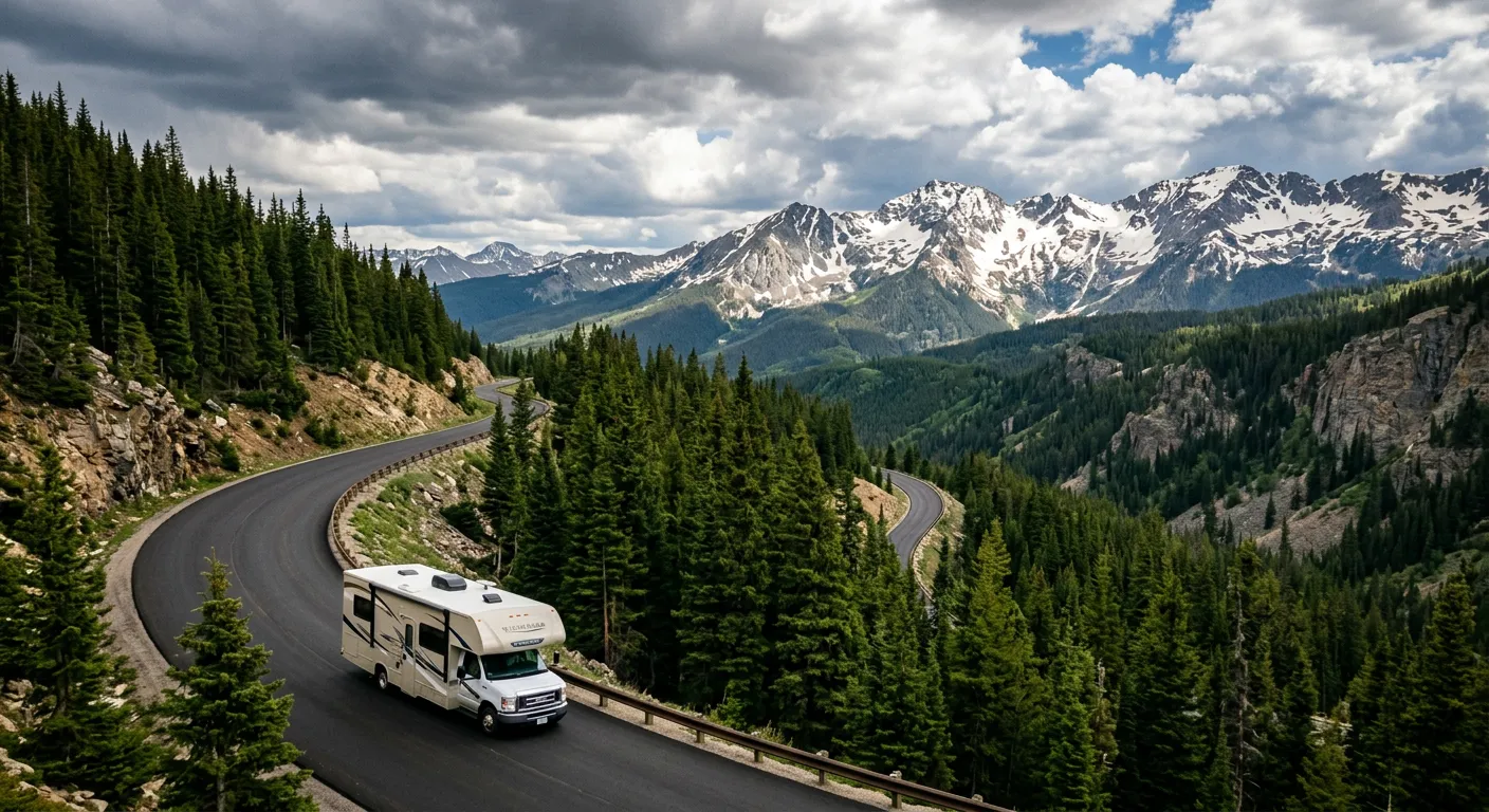 Class C motorhome driving on a winding Colorado mountain road with pine forests and snow-capped peaks