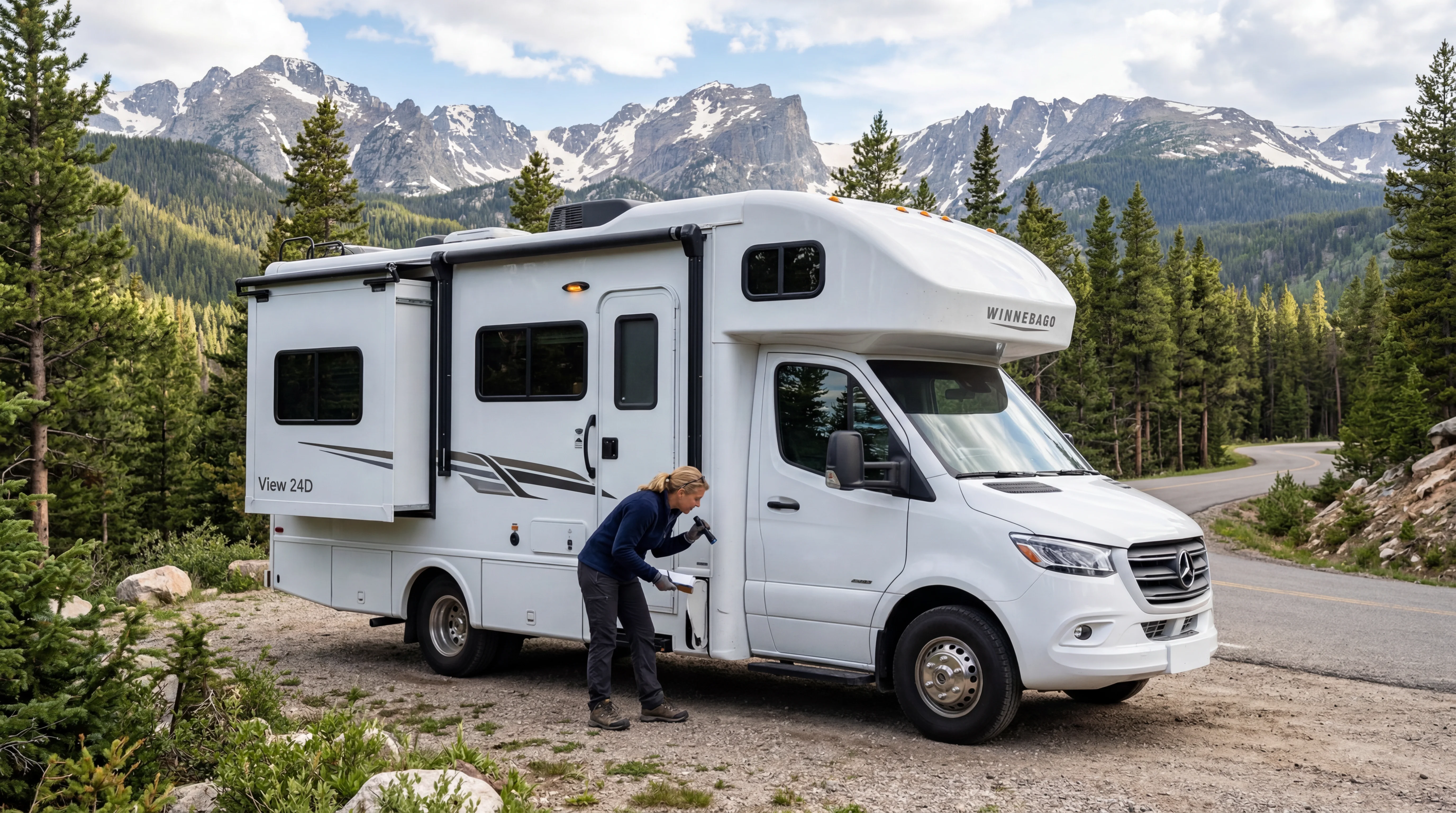 Person inspecting a modern RV exterior in a Colorado mountain setting