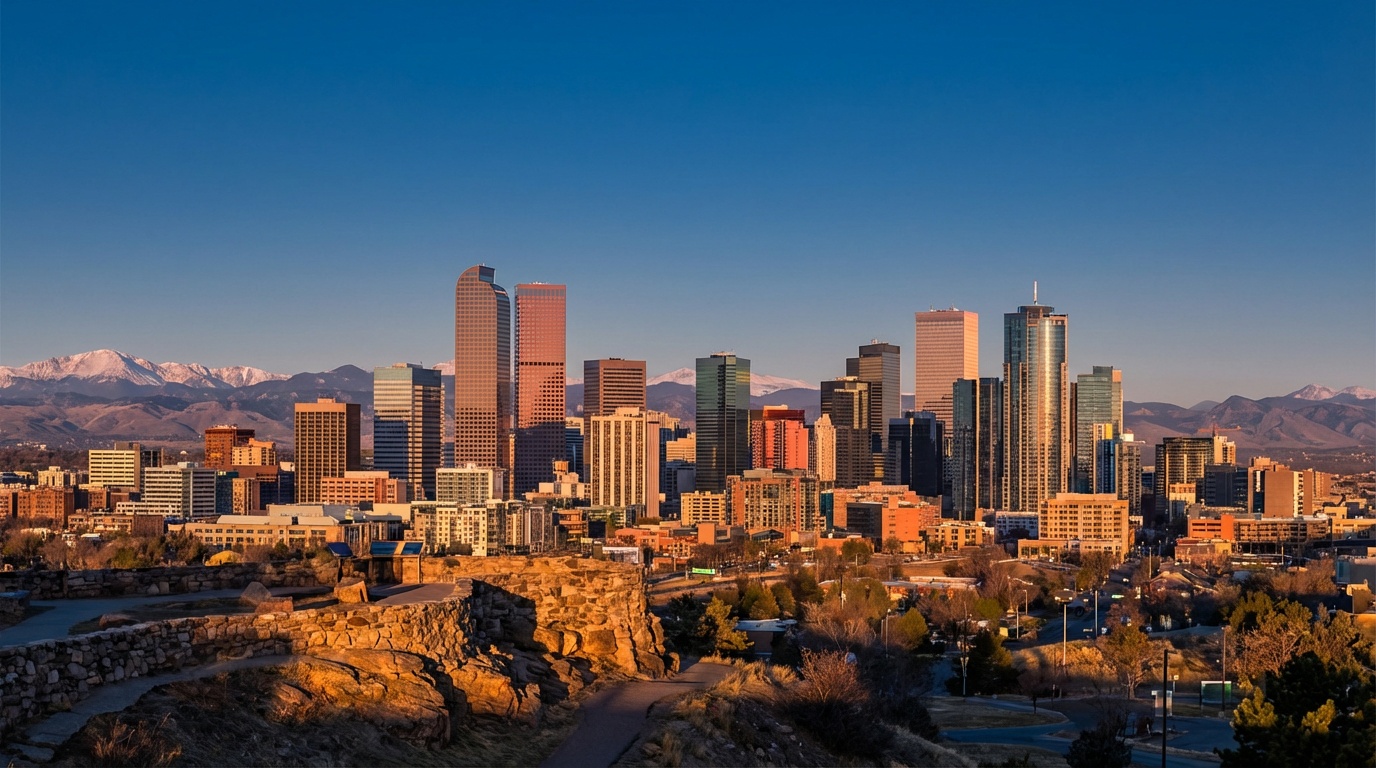 Denver skyline with Rocky Mountains backdrop - the perfect starting point for your RV adventure