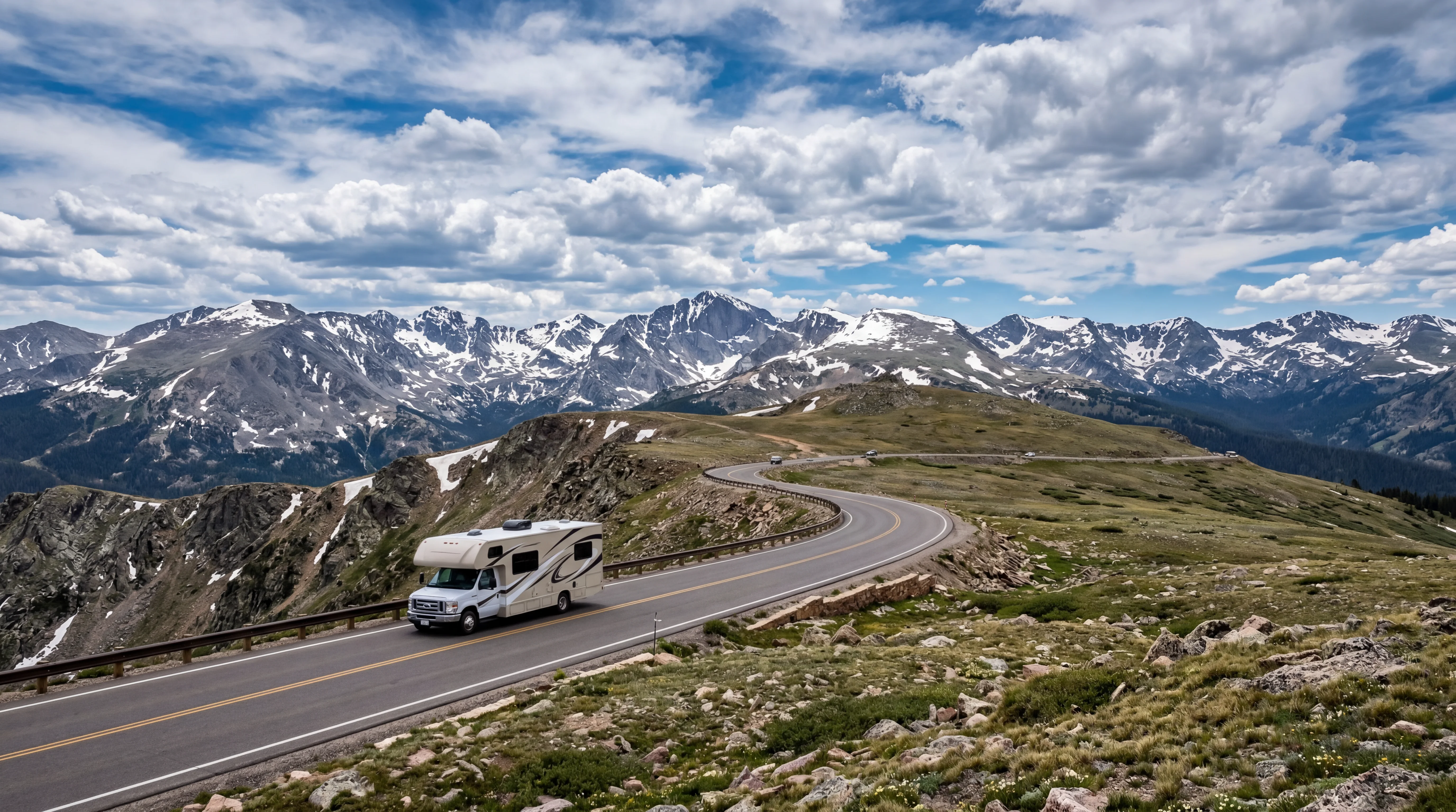 RV driving on Trail Ridge Road in Rocky Mountain National Park above treeline with mountain panorama
