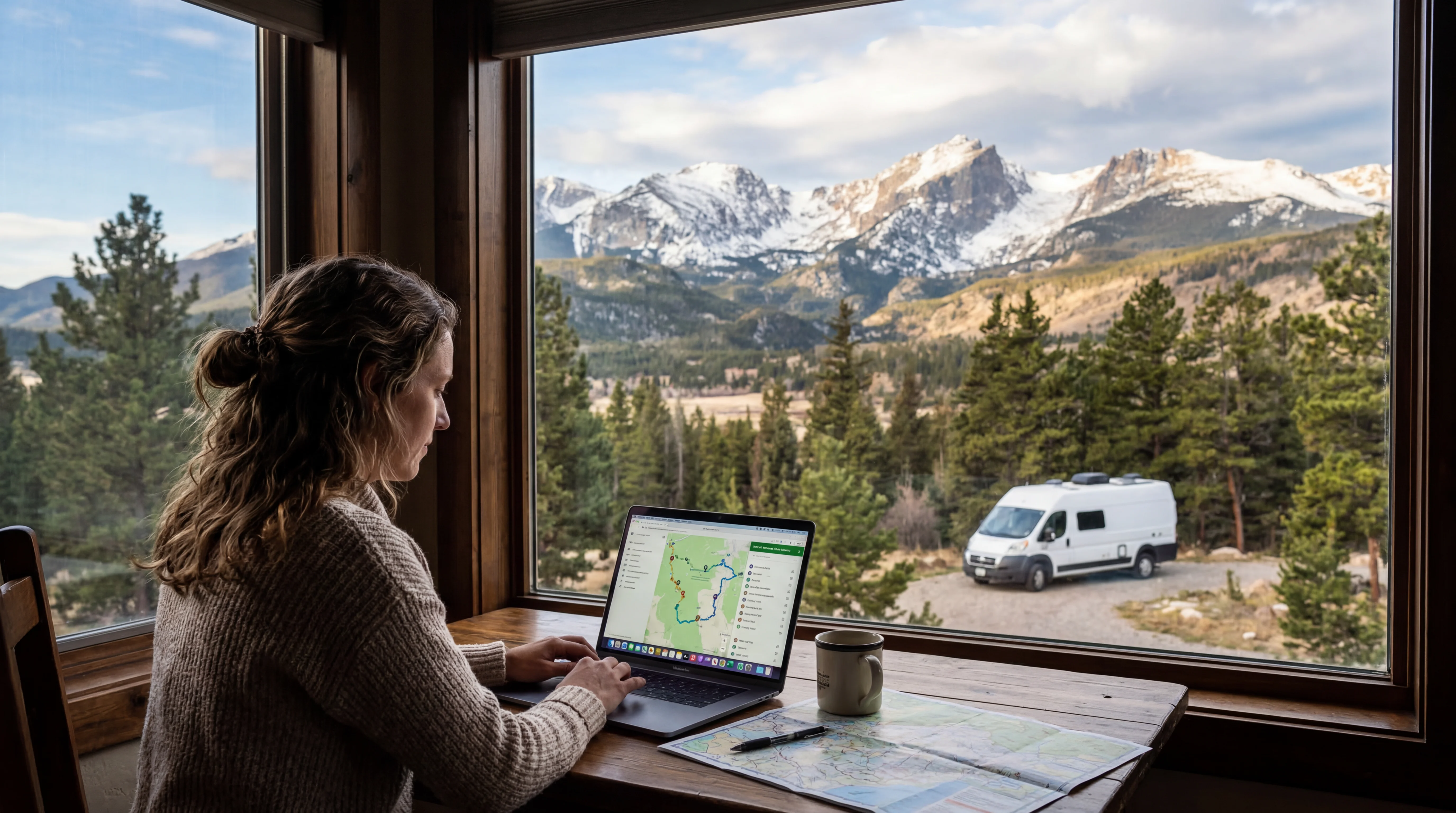 Person planning an RV trip on laptop with Rocky Mountain peaks visible through window