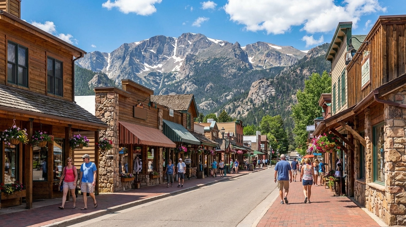 Estes Park Colorado charming downtown street with Rocky Mountains backdrop