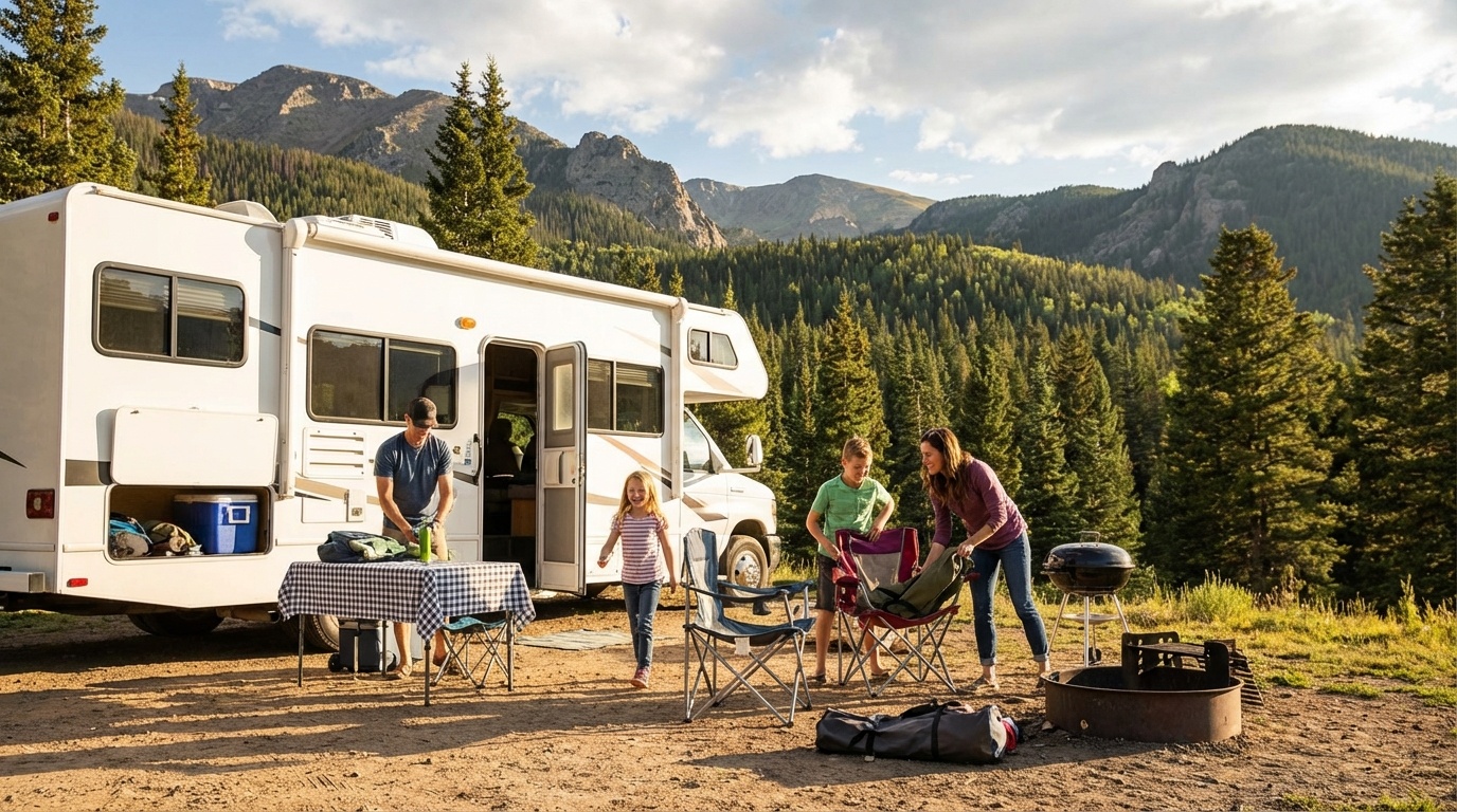 Happy family setting up camp next to their Class C motorhome at Colorado mountain campground