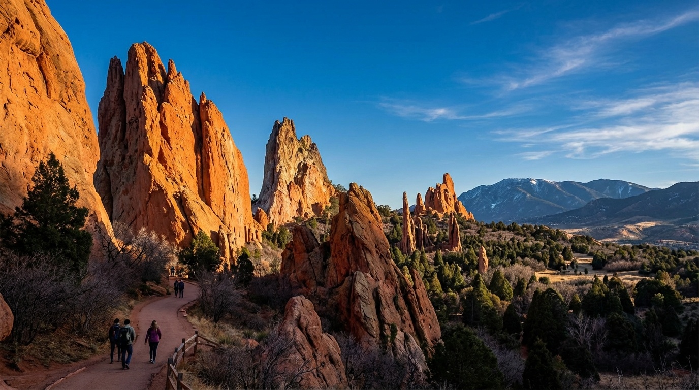 Garden of the Gods dramatic red rock formations against blue sky with Pikes Peak in background