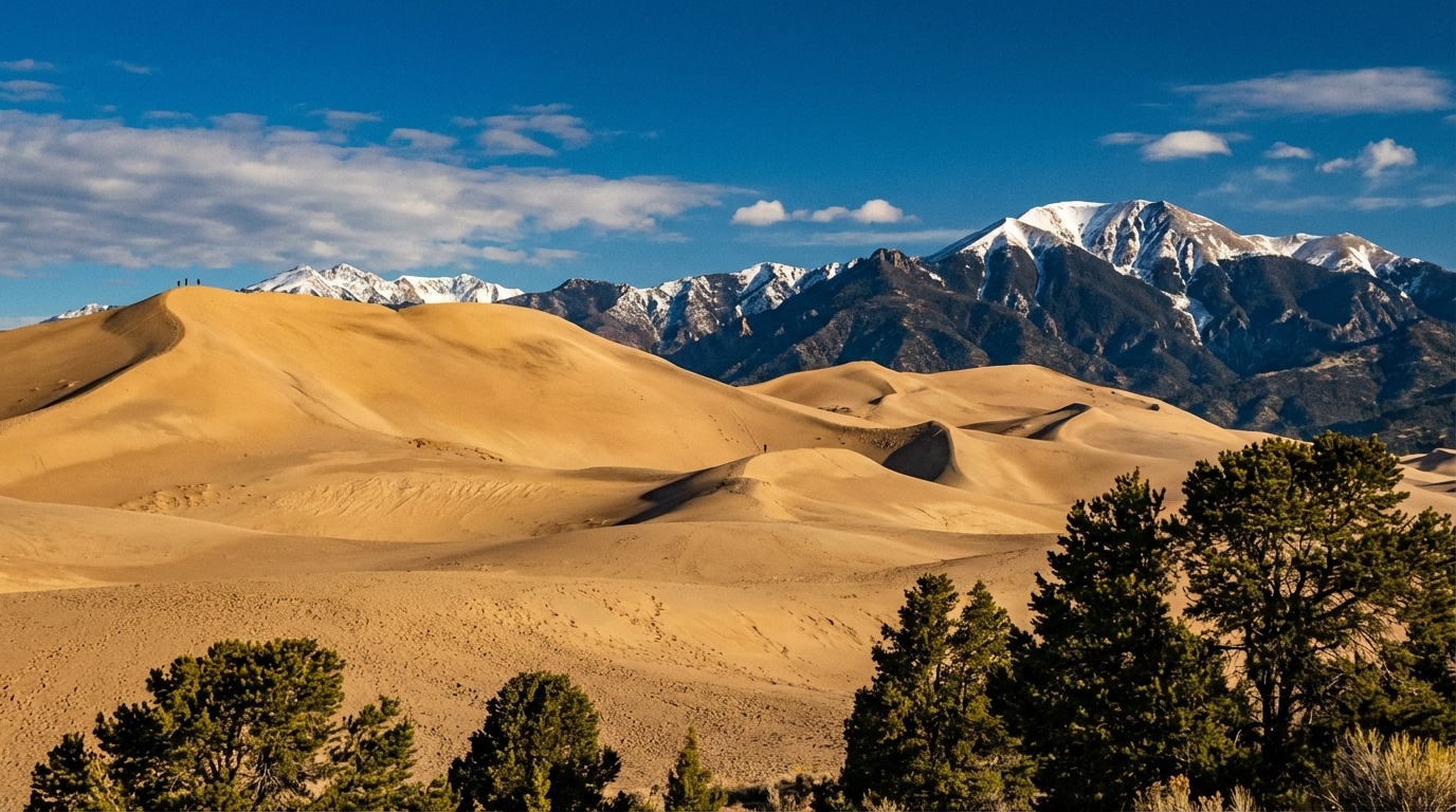 Great Sand Dunes National Park with massive golden sand dunes against Sangre de Cristo Mountains