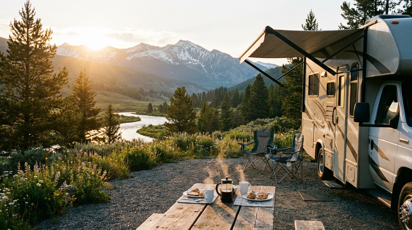 RV campsite with stunning mountain view at sunrise, motorhome with awning extended