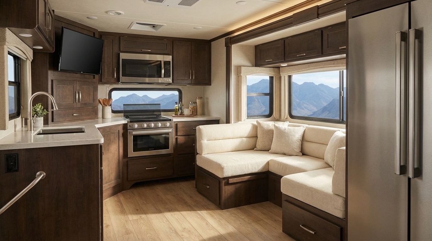 Modern RV interior with luxurious kitchen and living area featuring wood cabinets and mountain views