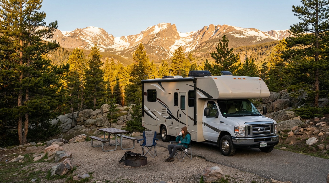 RV parked at scenic campsite in Rocky Mountain National Park with mountain peaks in background
