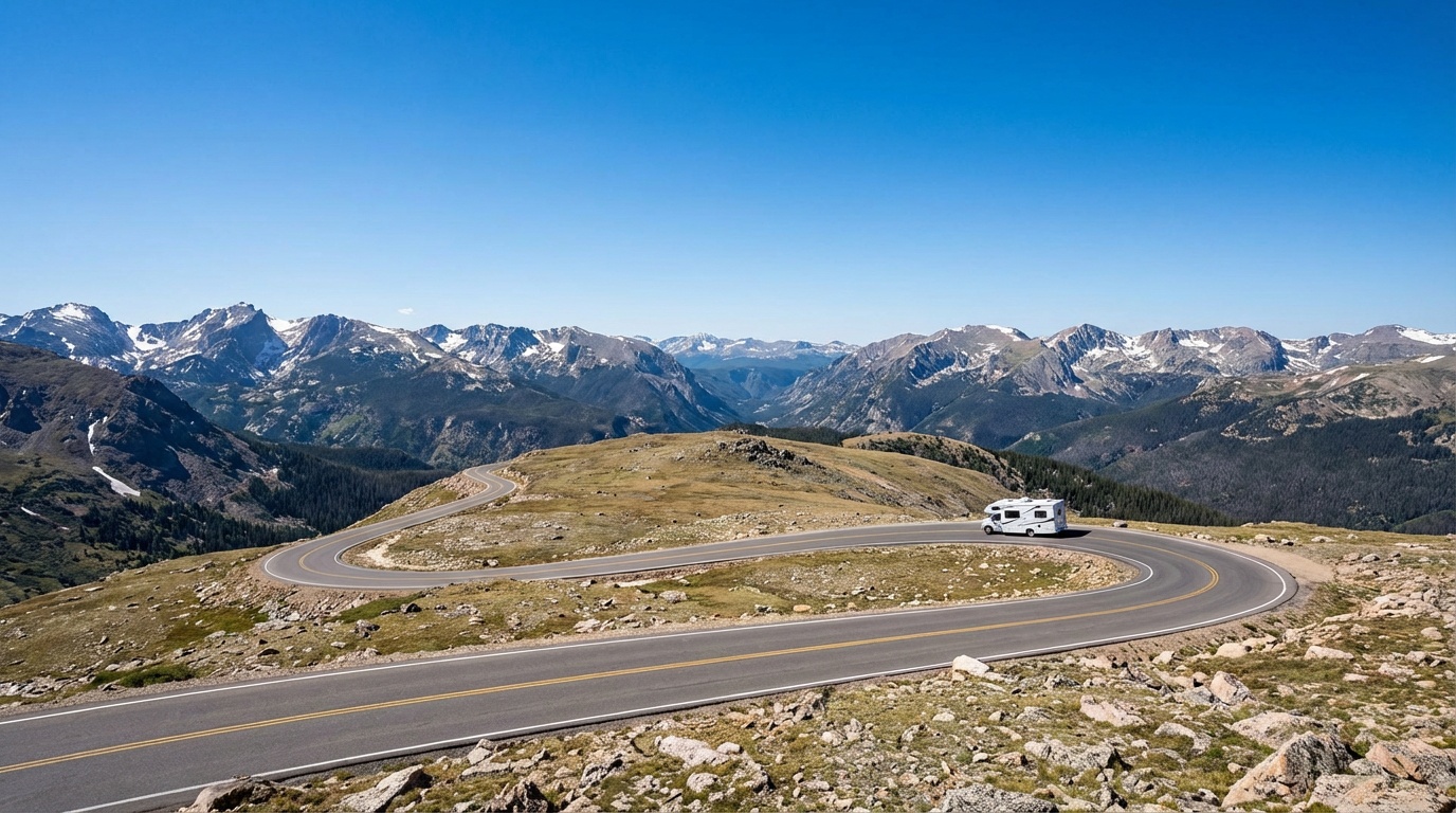 Trail Ridge Road scenic drive in Rocky Mountain National Park with RV on winding mountain highway