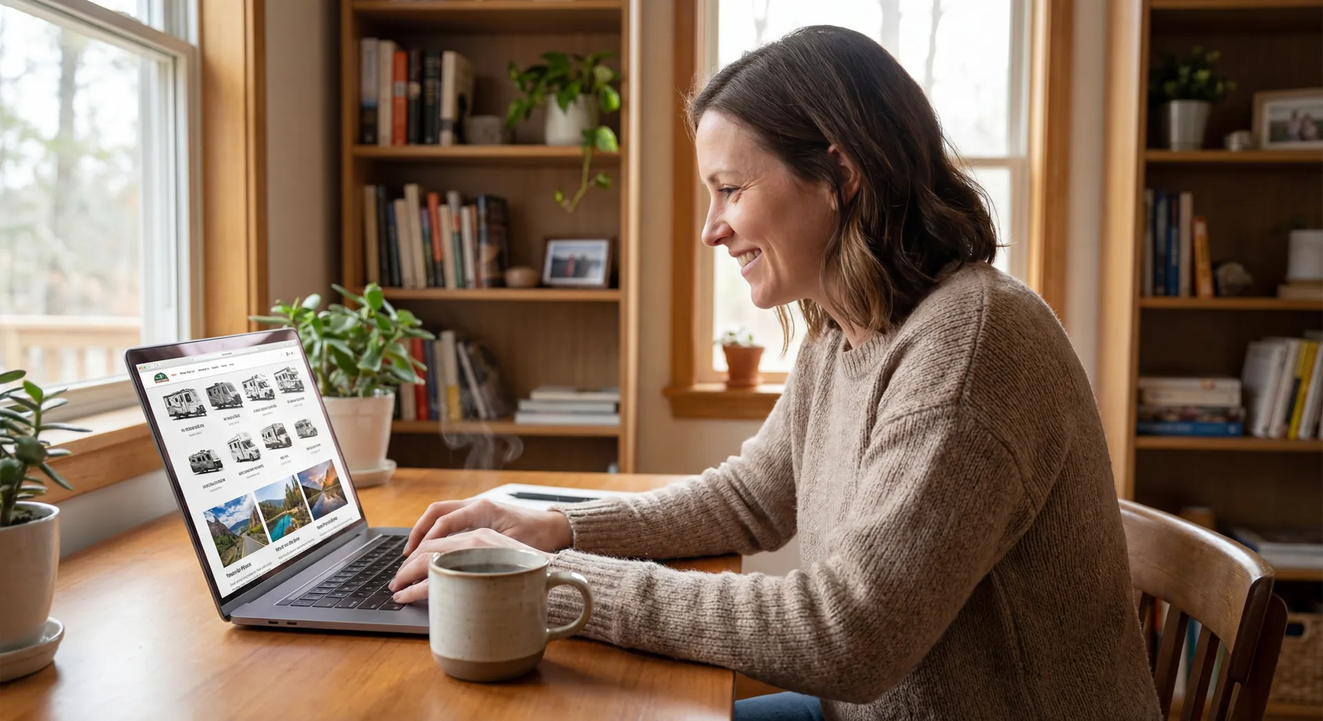 Person browsing RV listings on laptop with coffee in cozy home setting