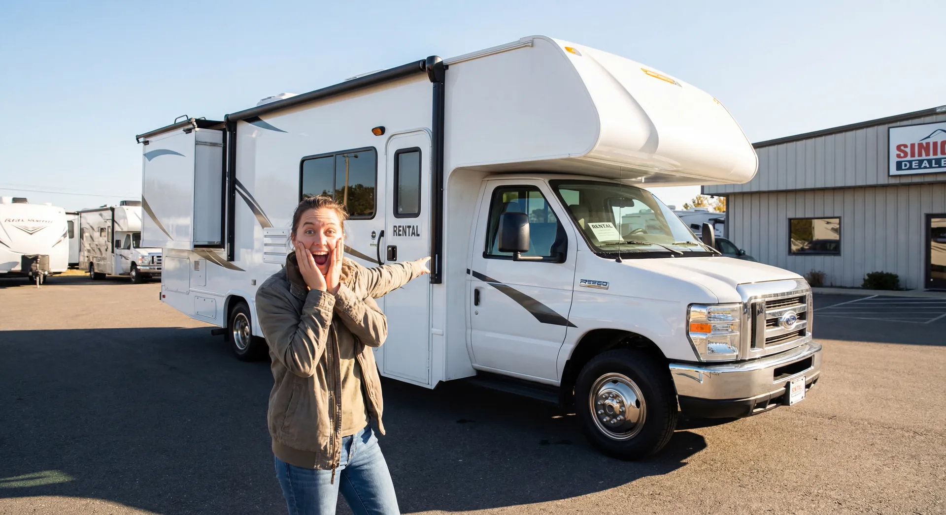 First time RVer looking amazed at a large Class C motorhome in a rental lot
