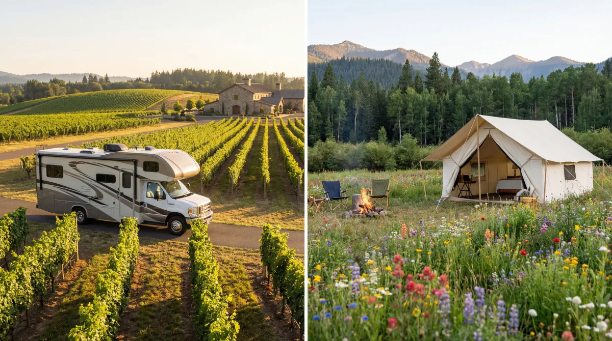 Side by side comparison of an RV at a winery and a tent campsite on private land