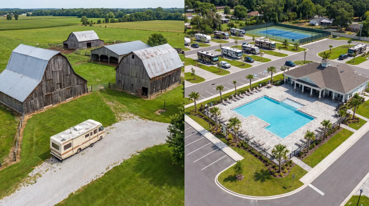 Side by side comparison of an RV at a farm and a full hookup RV park with amenities